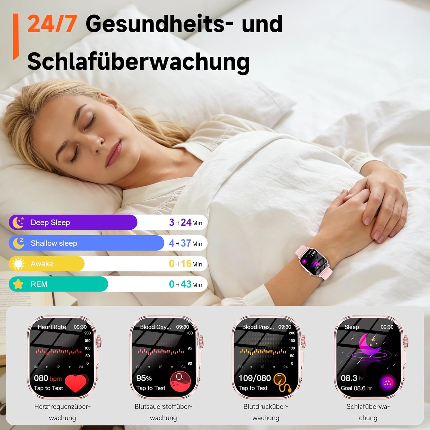 Damen-Smartwatch mit EKG-/Schlafmonitor, BMI, HRV, LED-Licht, 2,0 Zoll, Gesundheitsuhr mit 24-Stunden-Blutdruckmessung, SpO2, Harnsäure, Herzfrequenzmesser, Körpertemperatur, SOS-Notruf, Fitness – Bild 4