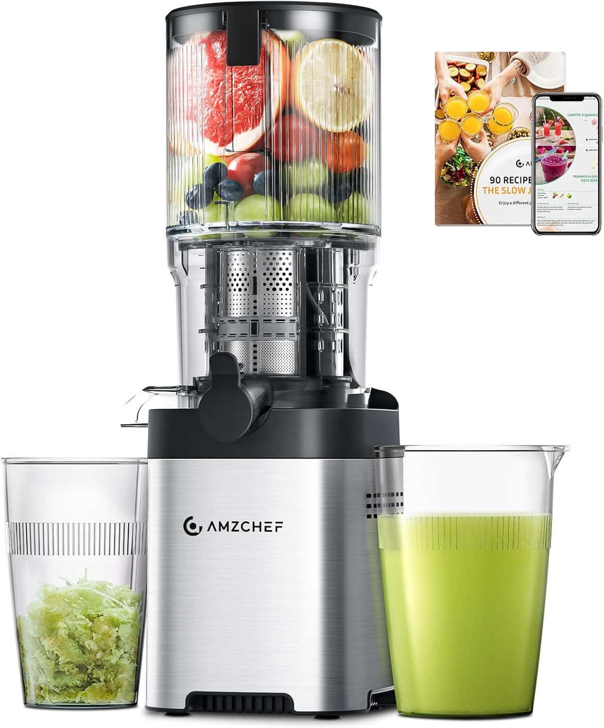 AMZCHEF Juicer Slow Juicer 136 mm – Elektrischer Entsafter für Gemüse & Obst – Kaltpress-Entsafter mit 2 Filtern – Leise und leicht zu reinigen – Silber