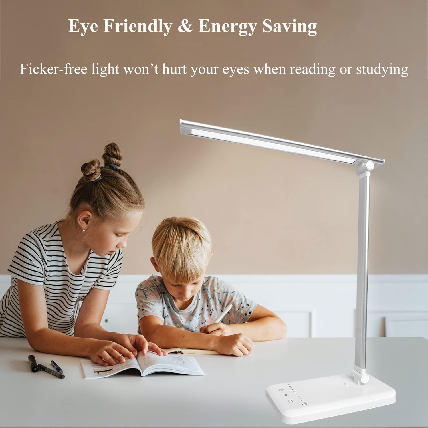 Schreibtischlampe, LED-Tischlampe, dimmbar mit 5 Helligkeitsstufen, 5 Farben, USB-Anschluss, Auto-Timer, Touchpanel, Memory-Funktion, augenfreundliche Nachttischlampe für Kinder Mädchen – Bild 3