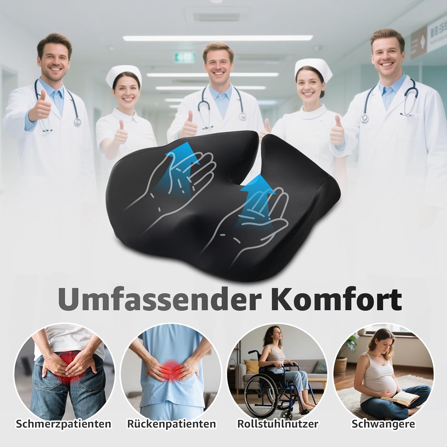 BRO Extra großes orthopädisches Sitzkissen mit Bezug aus Eisseide, ergonomisches Sitzkissen aus Memory-Schaum, Steißbein-Entlastung für Bürostuhl, Auto und Rollstuhl – Bild 6