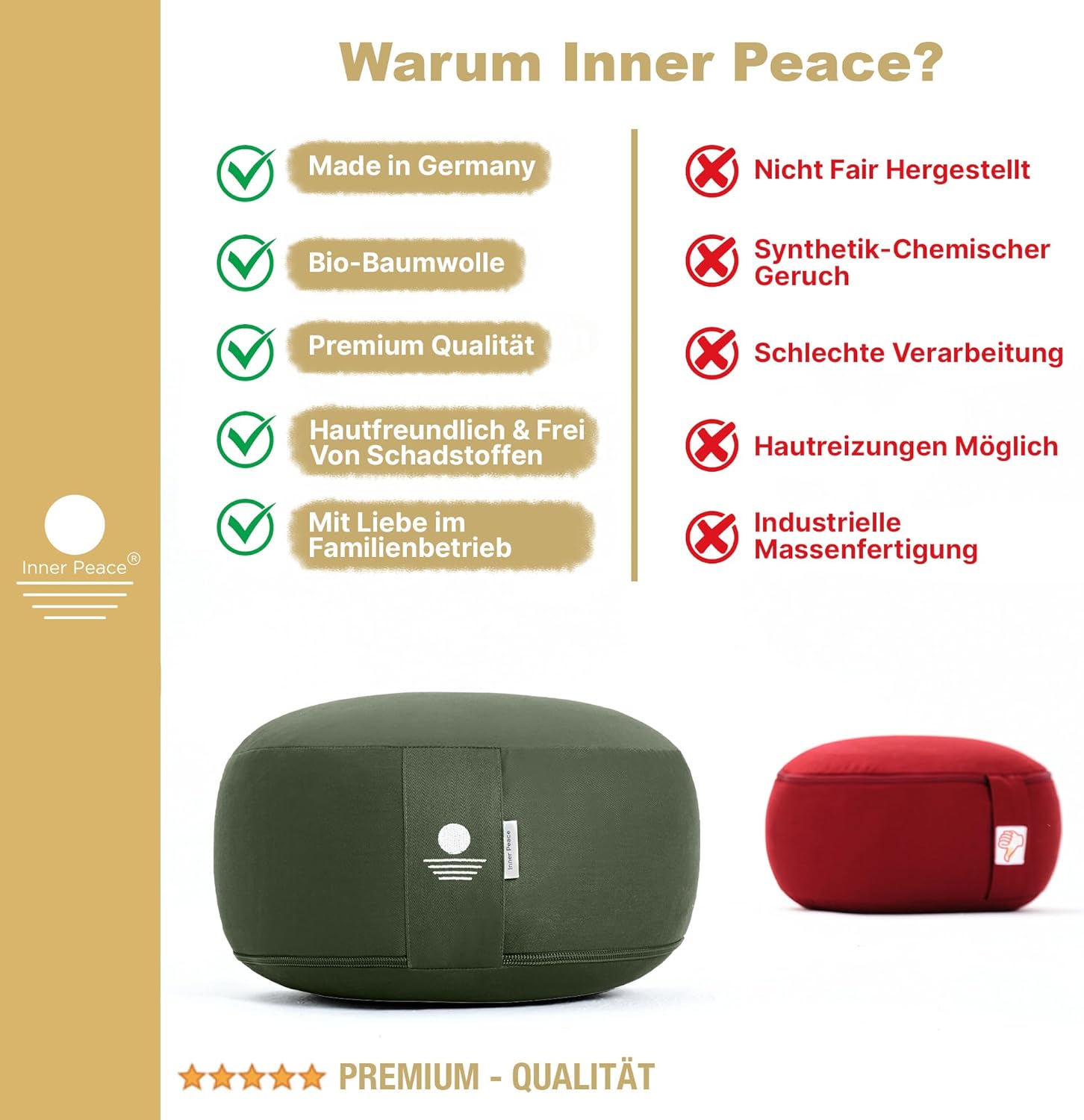 Inner Peace Yogakissen Meditationskissen aus 100 % Bio-Baumwolle und mit Bio-Dinkelspelzfüllung | Yogakissen Rundes Yoga-Sitzkissen, Yogakissen-Meditationskissen, Yoga-Meditationskissen – Bild 2