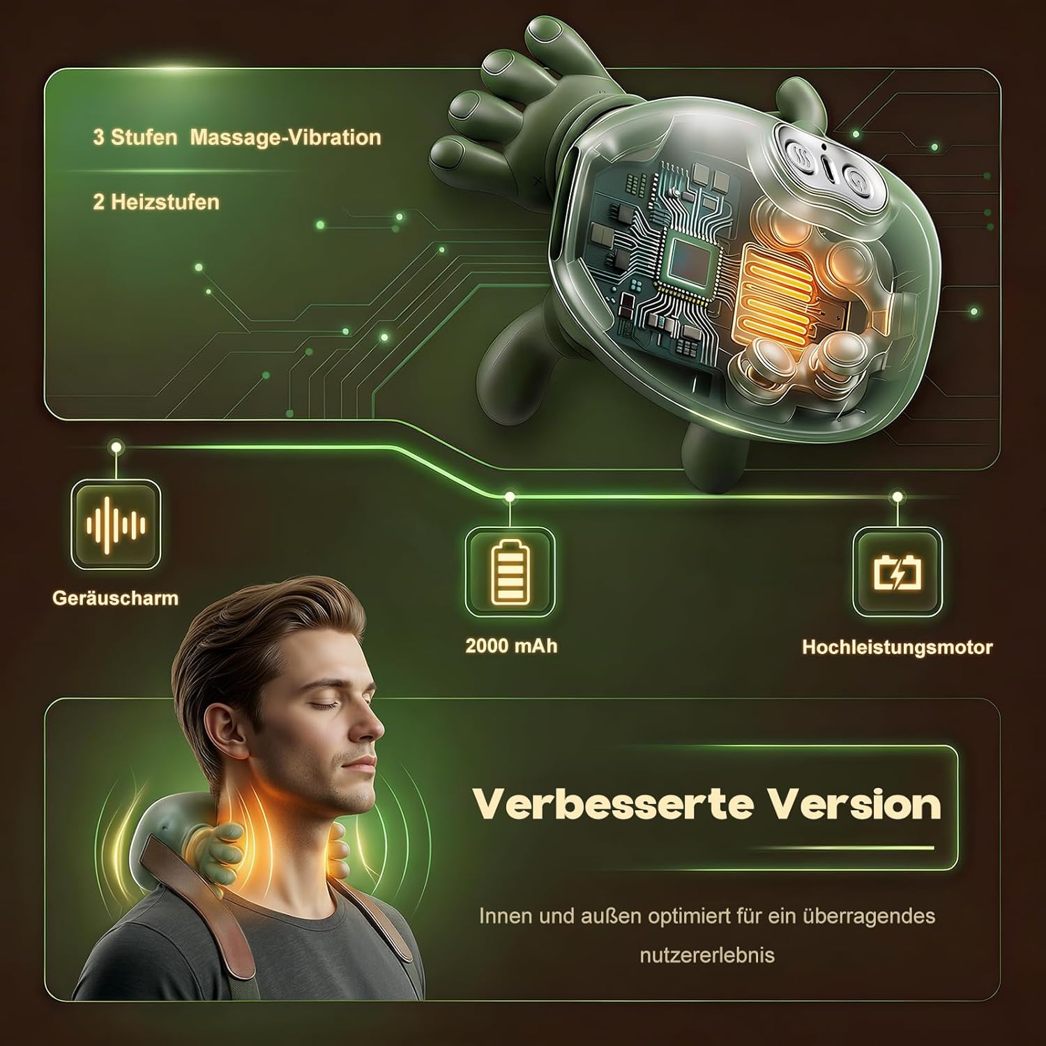 Massagegerät, 4D-Nackenmassagegerät mit Wärme, tragbarer Nacken, 3 Modi und 2 Wärmeeinstellungen, USB elektrisch, entspannt Muskeln und lindert Müdigkeit, für Zuhause und Büro, Grün – Bild 5