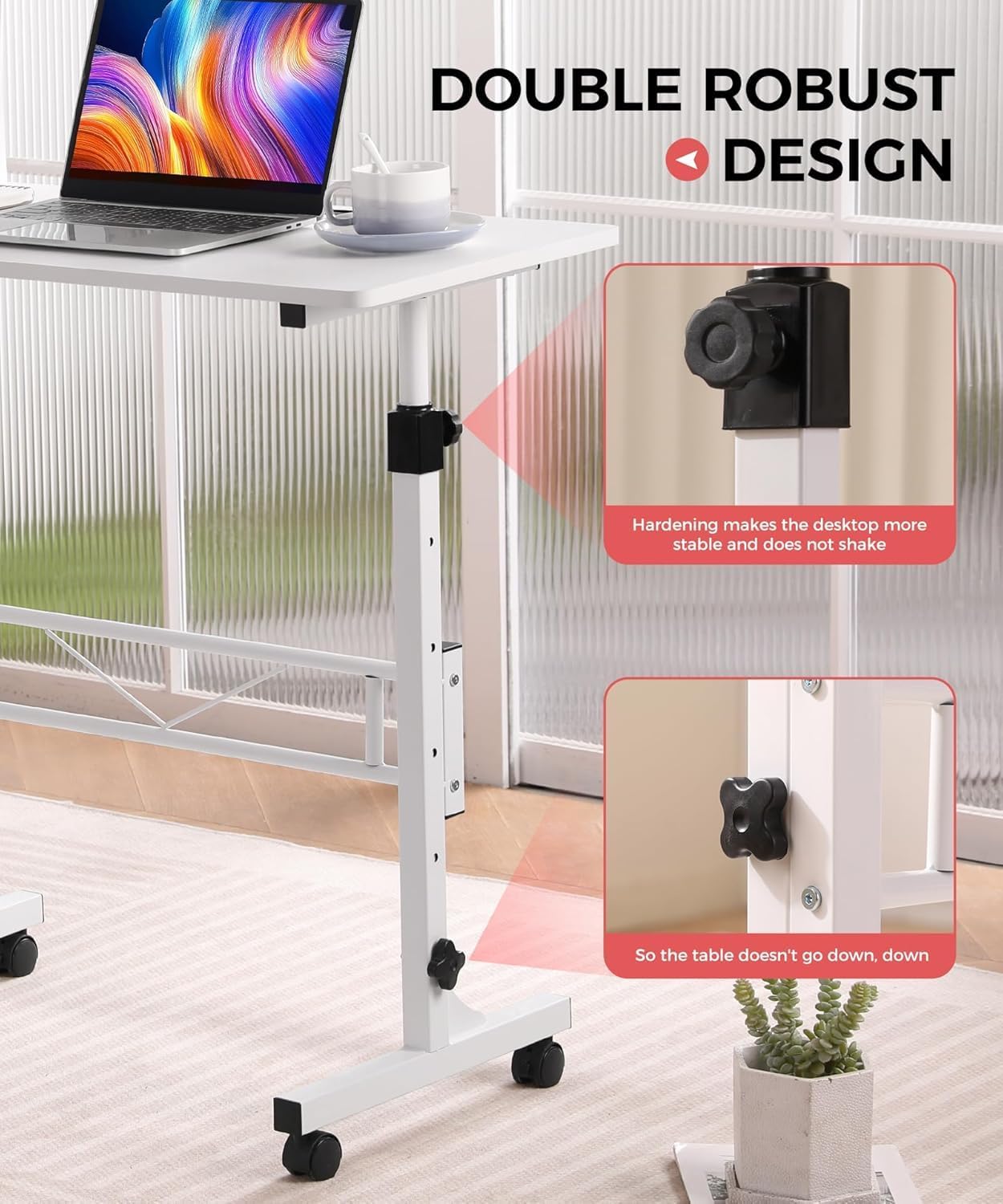 KLSMYHOKI Höhenverstellbarer Schreibtisch mit Rollen, Steh-Sitztisch für das Heimbüro, mobiler Computertisch, weißer Stehschreibtisch, kompatibel mit Laufband und Gehpad, 80 cm x 40 cm, Höhe 70–110 cm – Bild 5