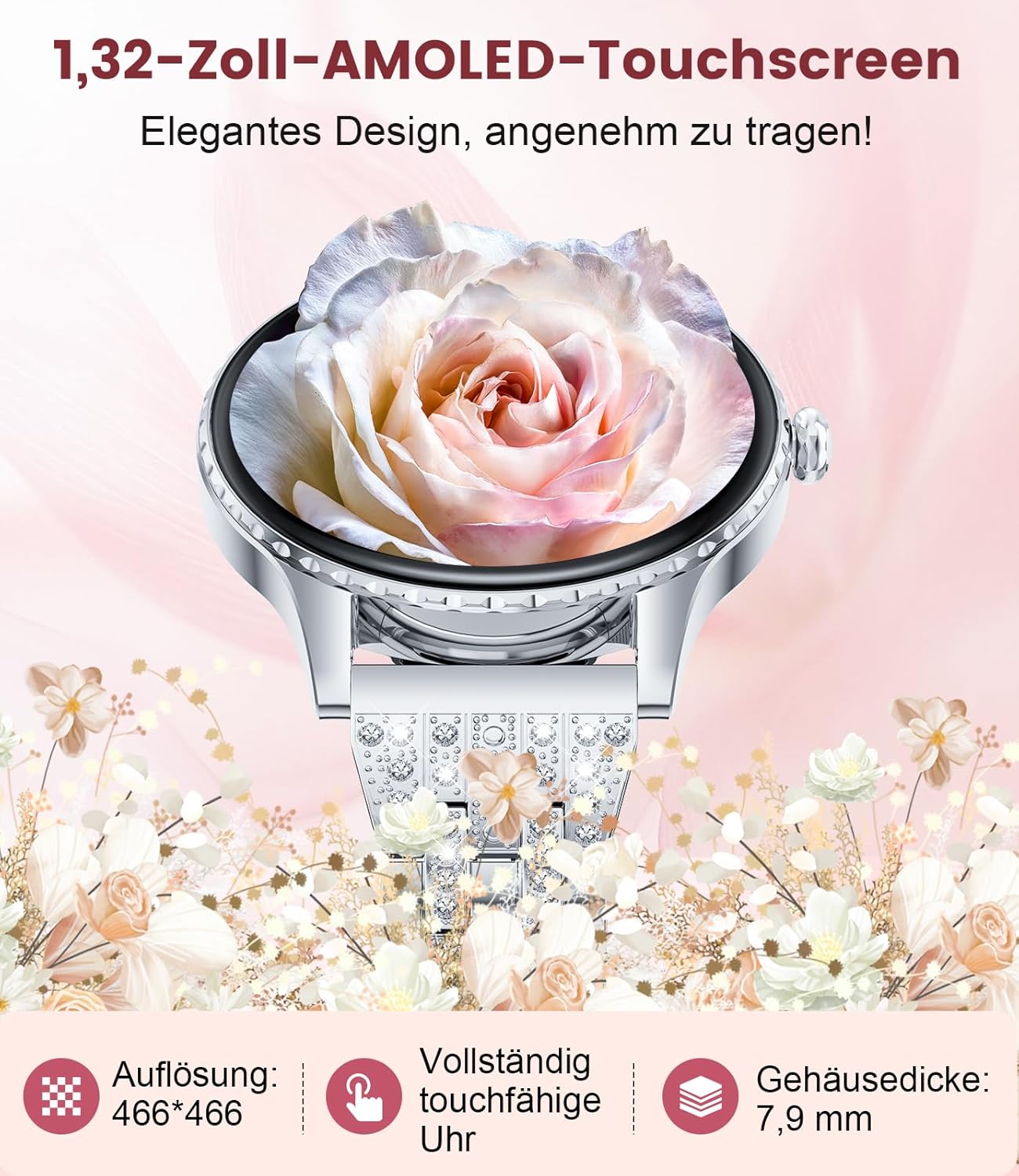 Damen-Smartwatch – luxuriöses Metallarmband mit Strasssteinen/1,32 Zoll HD AMOLED-Display/270+ Zifferblätter, Fitnessuhr mit über 110 Sportmodi, Schlaf-Tracking, Telefonfunktion, Uhr für iOS Android – Bild 2