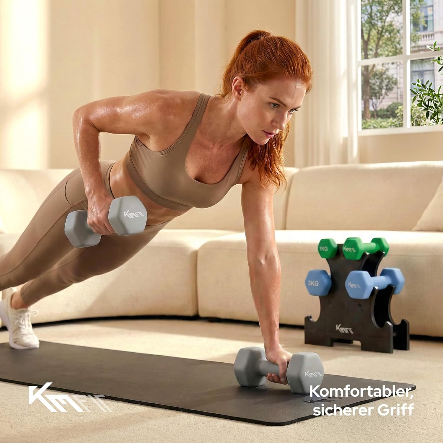 KM-Fit Hantelset 18 kg mit Ständer, Neoprenhanteln 1-5 kg, Gusseisen, ergonomischer Griff, rollsicheres Fitness- & Krafttraining für das Home Gym – Bild 3
