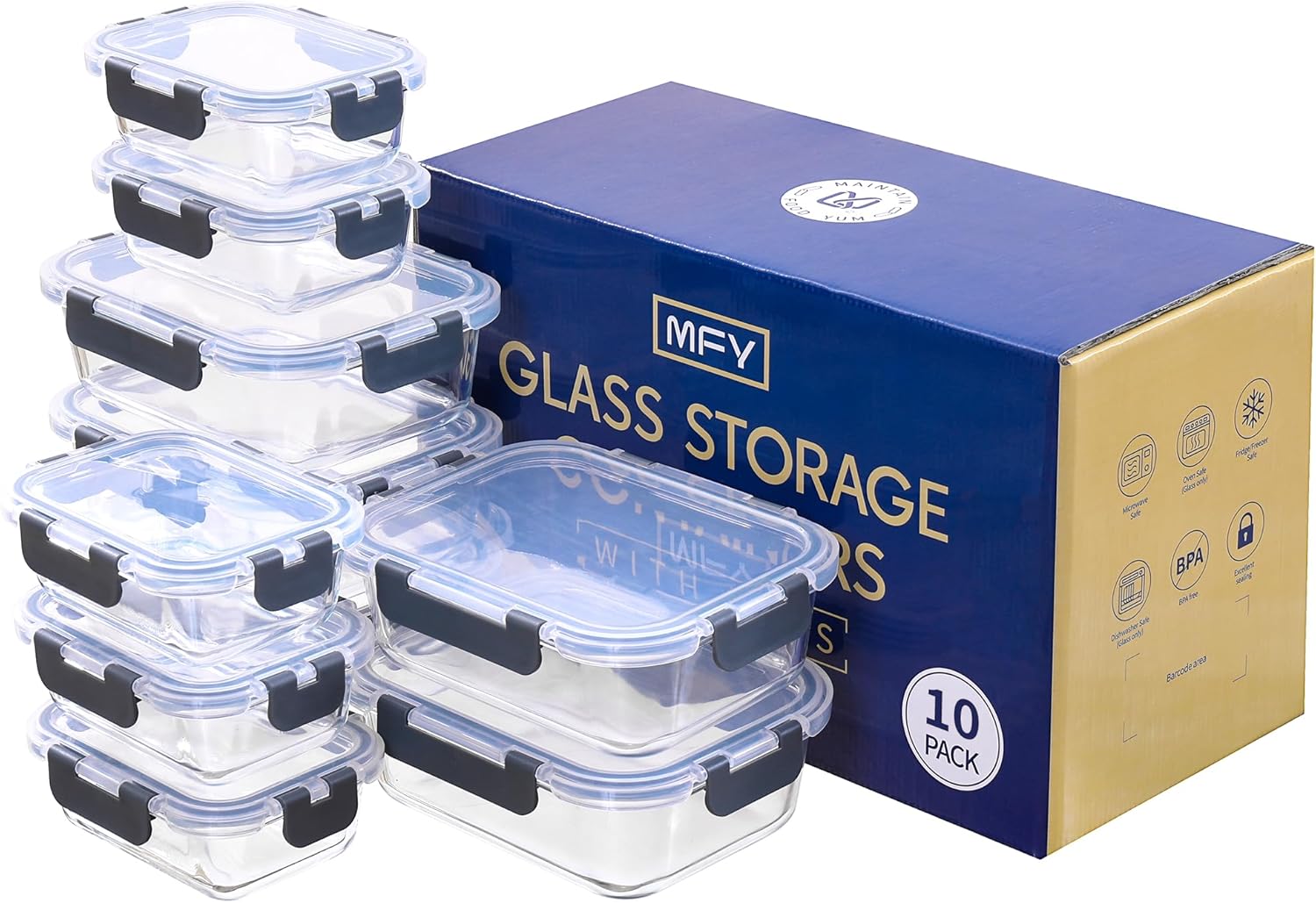 MFY 10er-Set (1040 ml & 400 ml) Glasbehälter mit Deckel-Set, Meal-Prep-Boxen, Lebensmittel-Aufbewahrungsbehälter aus Glas mit Deckel, BPA-freie Glasgefäße, mikrowellen-, ofen-, gefrier- und spülmaschinenfest, grau – Bild 8