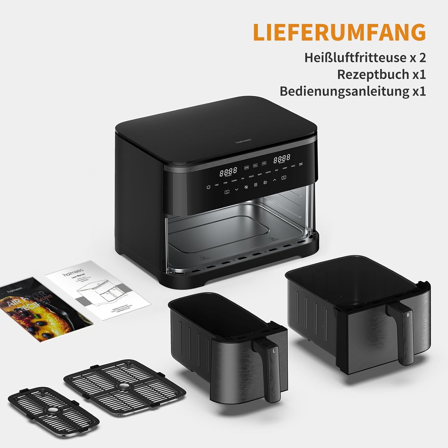 Digitaler Airfryer 11L, Heißluftfritteuse 2 Kammern mit Grillfunktion, 10-in-1, ölfreie Heißluftfritteuse mit Schüttelerinnerung – Bild 7