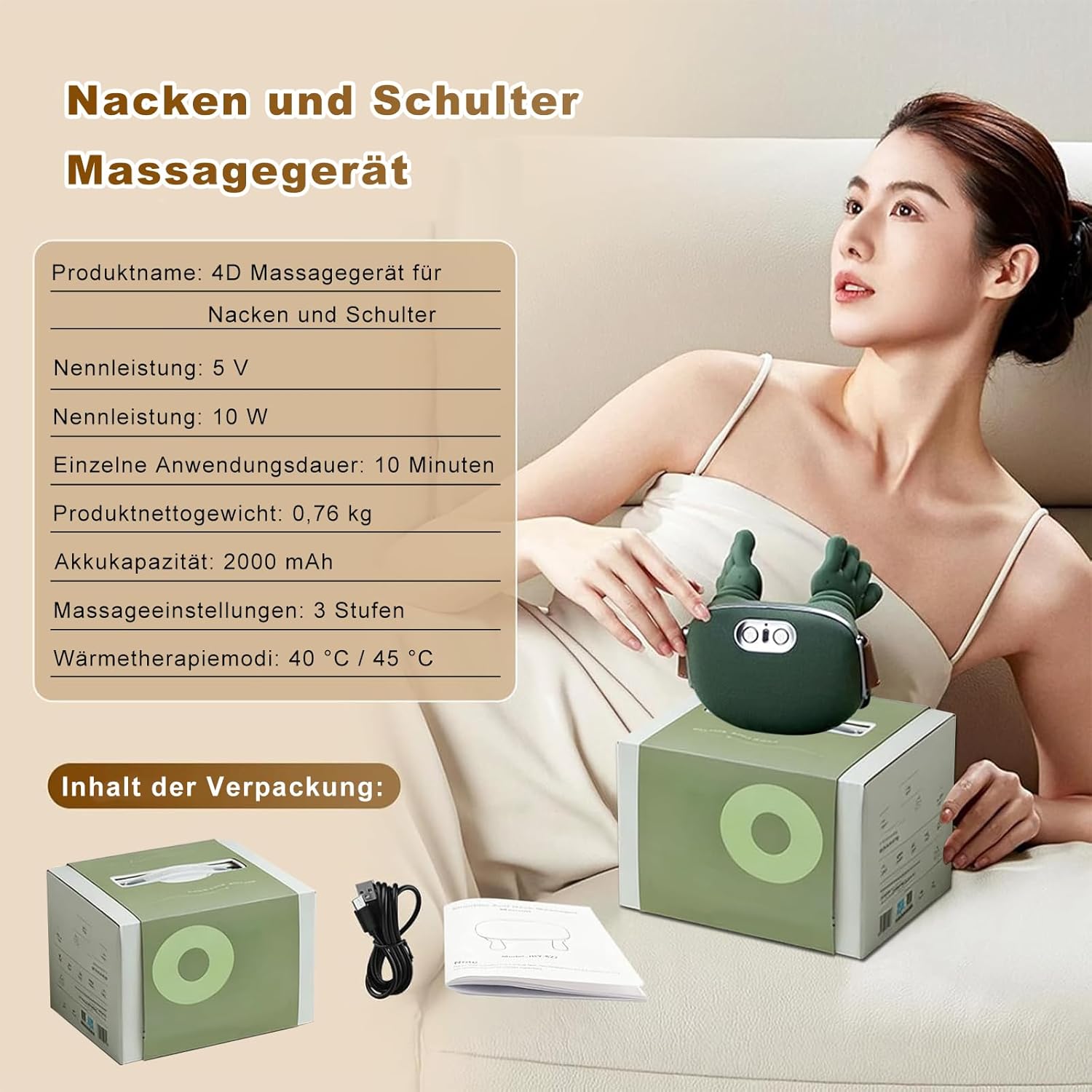 Massagegerät, 4D Bionic Hand-Nackenmassagegerät, elektrisches Shiatsu-Massagegerät mit Wärme, 3 Modi und 2 Wärmeeinstellungen, Tiefenmassage für Nacken und Schultern, lindert Muskelverspannungen und Müdigkeit – Bild 7