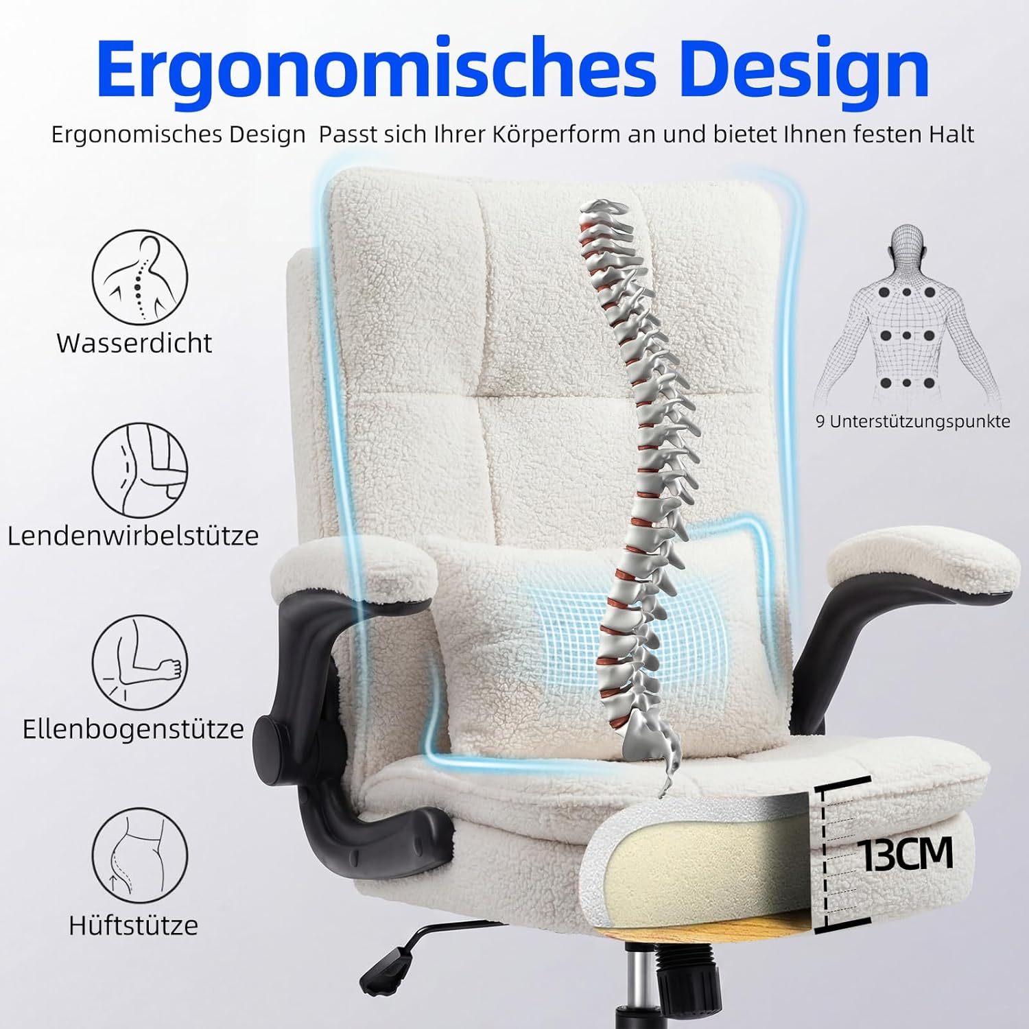 Ergonomischer Bürostuhl (Testsieger), Schreibtischstuhl, Teddystoff & hohe Rückenlehne, höhenverstellbar & Wippfunktion, Chefsessel, 150 kg, Drehstuhl mit Rollen, PC-Stuhl, Beige – Bild 4