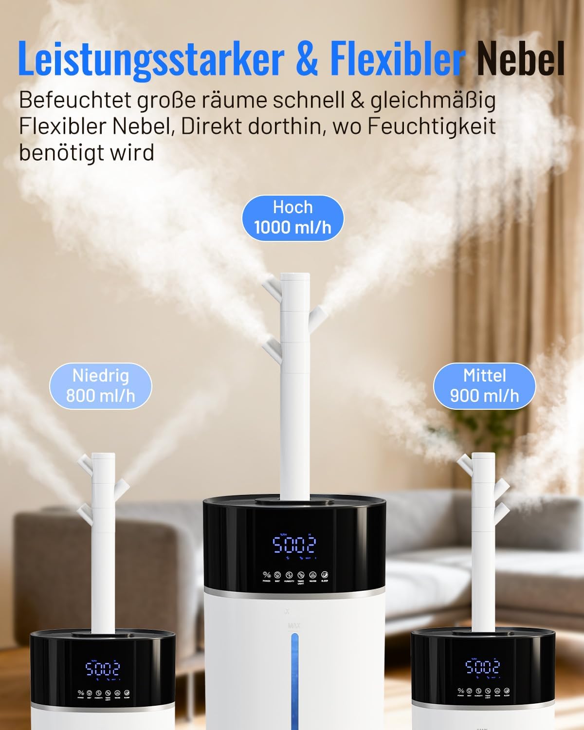 Luftbefeuchter für große Räume, 18 l, warmer und kühler Nebel, Luftbefeuchter bis zu 200 m², Raumbefeuchter für Wohnzimmer, verlängertes Rohr und Doppeldüsen, Ultraschall-Luftbefeuchter, Schlafzimmer/Büro/Pflanzen/gewerblich, Weiß – Bild 8