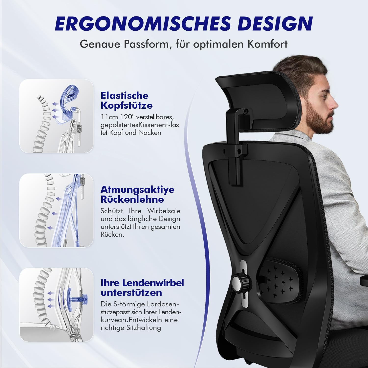 Daccormax Bürostuhl, Ergonomischer Schreibtischstuhl mit verstellbaren Armlehnen, weiche Lordosenstütze aus Naturschwamm und Kopfstütze, Chefsessel, Drehstuhl, Wippfunktion, 200 kg, Schwarz – Bild 4