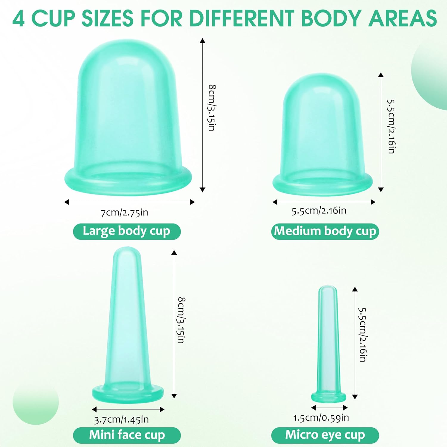 DazSpirit Schröpfgläser Silikon 4 Stück, Schröpfgläser Silikon Massagegerät Werkzeuge Set, Schröpfglas Cellulite gegen Verspannungen für Körper und Gesicht, Schröpfmassage (Grün) – Bild 2