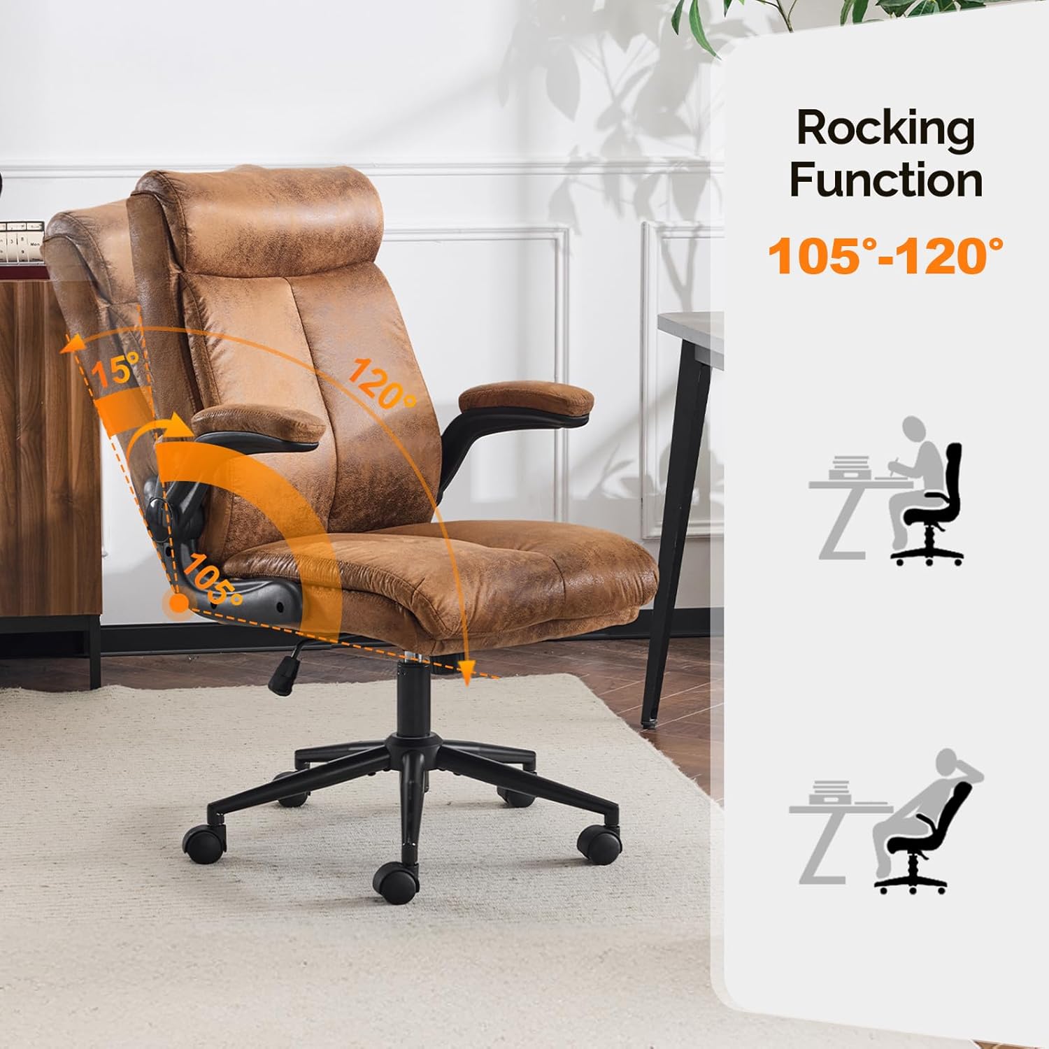 Bonnlo Ergonomischer Bürostuhl, Schreibtischstuhl mit hochklappbarer Armlehne, Computerstuhl, Drehstuhl, Wippfunktion 105°-120°, höhenverstellbar, drehbar, 150 kg belastbar (Mikrofaser, Braun) – Bild 8