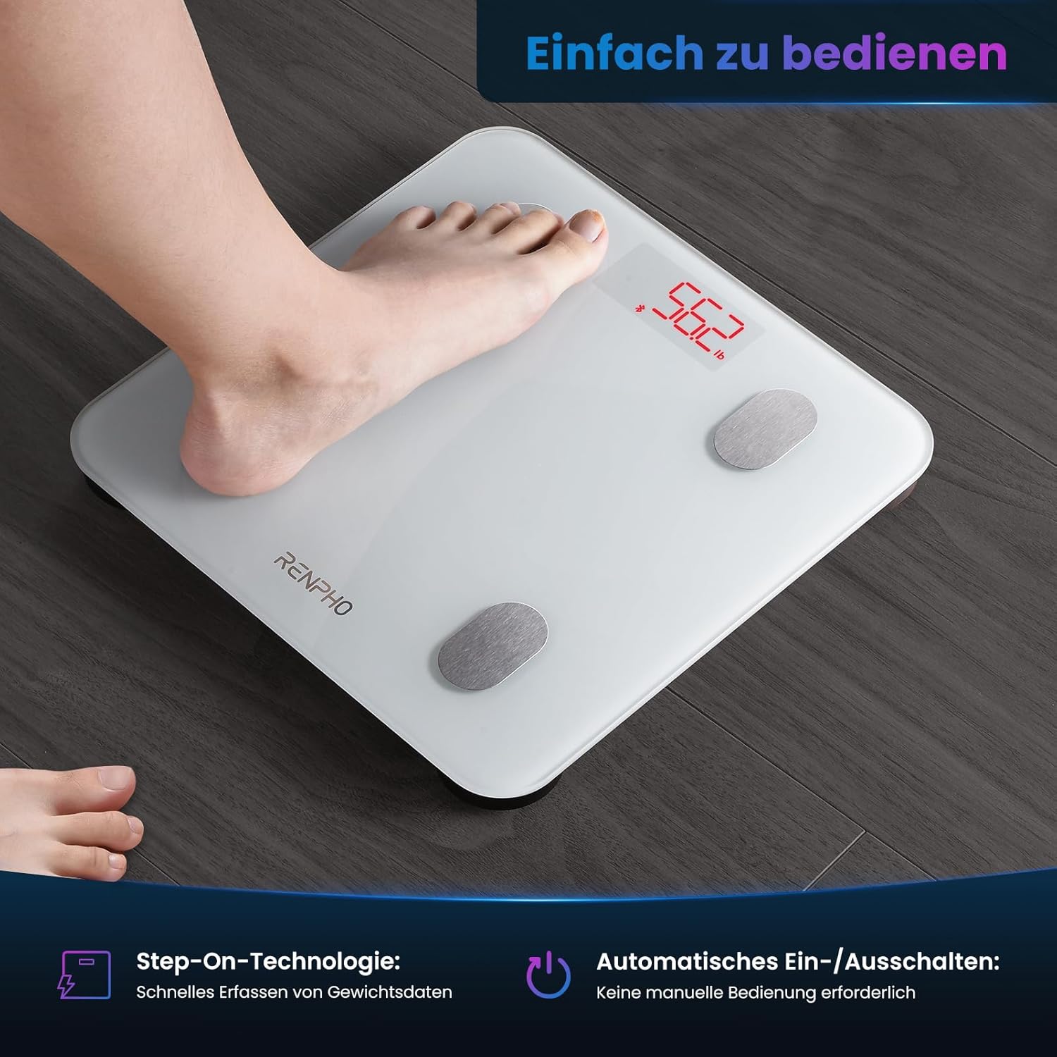 RENPHO Körperfett-Personenwaage, Bluetooth-Personenwaage mit App, intelligente digitale Waage für Körperfett, BMI, Gewicht, Muskelmasse, Wasser, Protein, Skelettmuskel, Knochengewicht und BMR – Bild 2