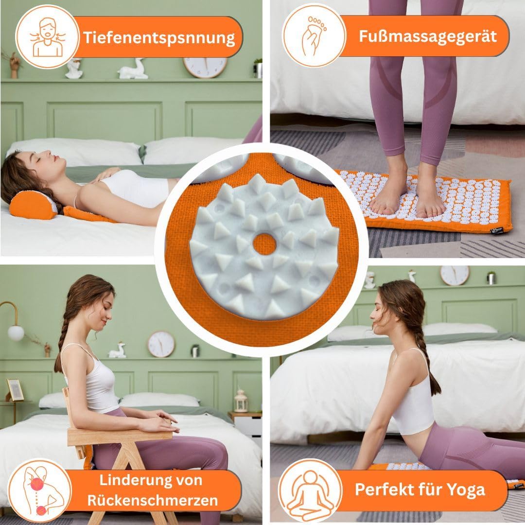 Akupressurmatte mit Kissen für Massage und Schmerzlinderung (Das Original), orangefarbenes Nadelmatten-Set zur Entspannung für Nacken, Rücken, Füße, Yantra-Matte, Stachelmatte für Meditation – Bild 3