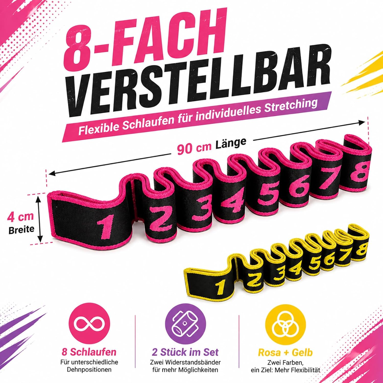 2er-Pack Gymnastikbänder mit Schlaufen, Fitnessbänder, Widerstandsbänder, 8 Schlaufen, verstellbares Theraband, Terraband-Bänder-Set für Yoga, Pilates, Physiotherapie, Krafttraining, Stoff-Stretchband (Rosa+Gelb) – Bild 4