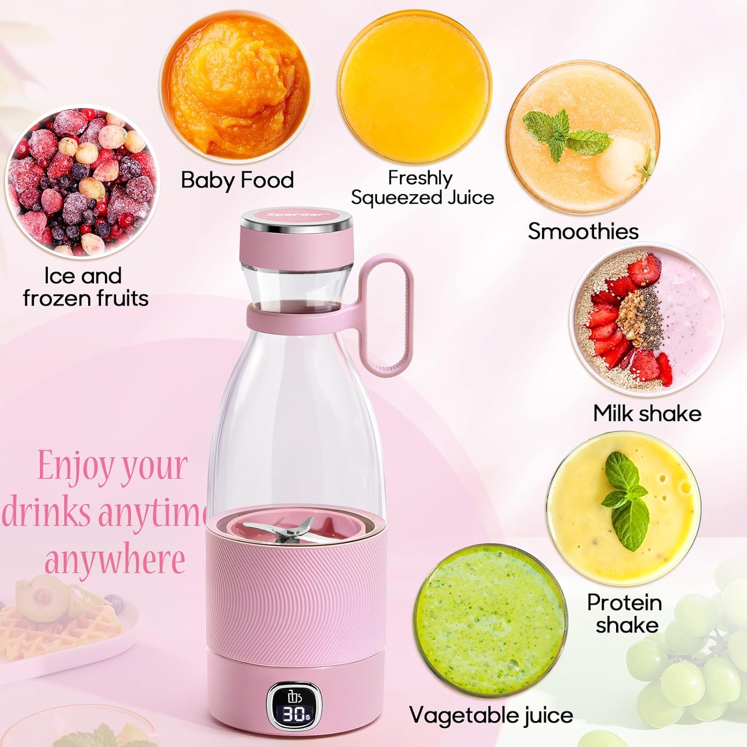 Spardar 350 ml tragbarer Mixer, Smoothie-Maker mit 6 Klingen, intelligentes LED-Display, wiederaufladbarer USB-Mixer, Tragegurt, zerkleinert Eis und gefrorene Früchte, Reisen und Arbeit, Pink – Bild 6