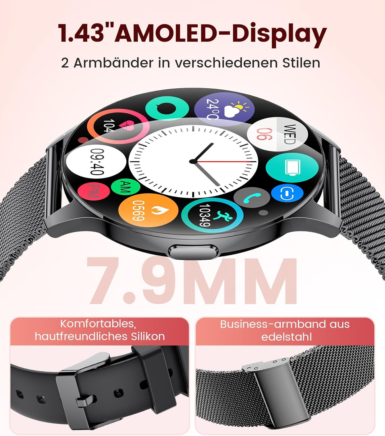 LIGE Damen Smartwatch (2 Armbänder), 1,43 Zoll HD AMOLED Display Smartwatch mit Telefonfunktion, Fitnessuhr, Sportuhr mit 120+ Sportmodi, Schlaftracking, Menstruationszyklus, Uhr für iOS/Android, Schwarz – Bild 5
