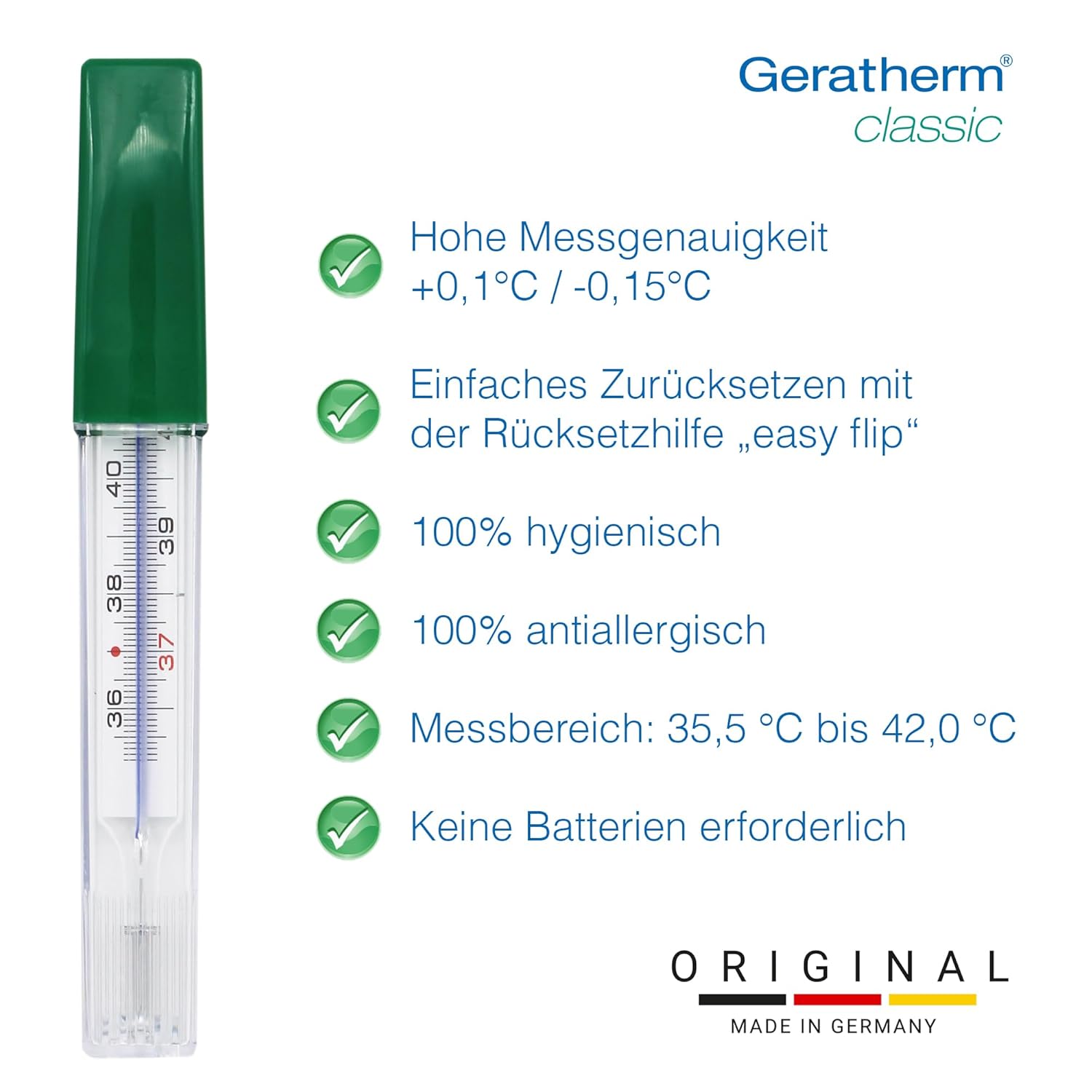 GERATHERM Classic MDR Analoges Fieberthermometer / Glasthermometer ohne Quecksilber und Batterien / mit Aufbewahrungskoffer und Rückstellhilfe / Made in Germany – Bild 5