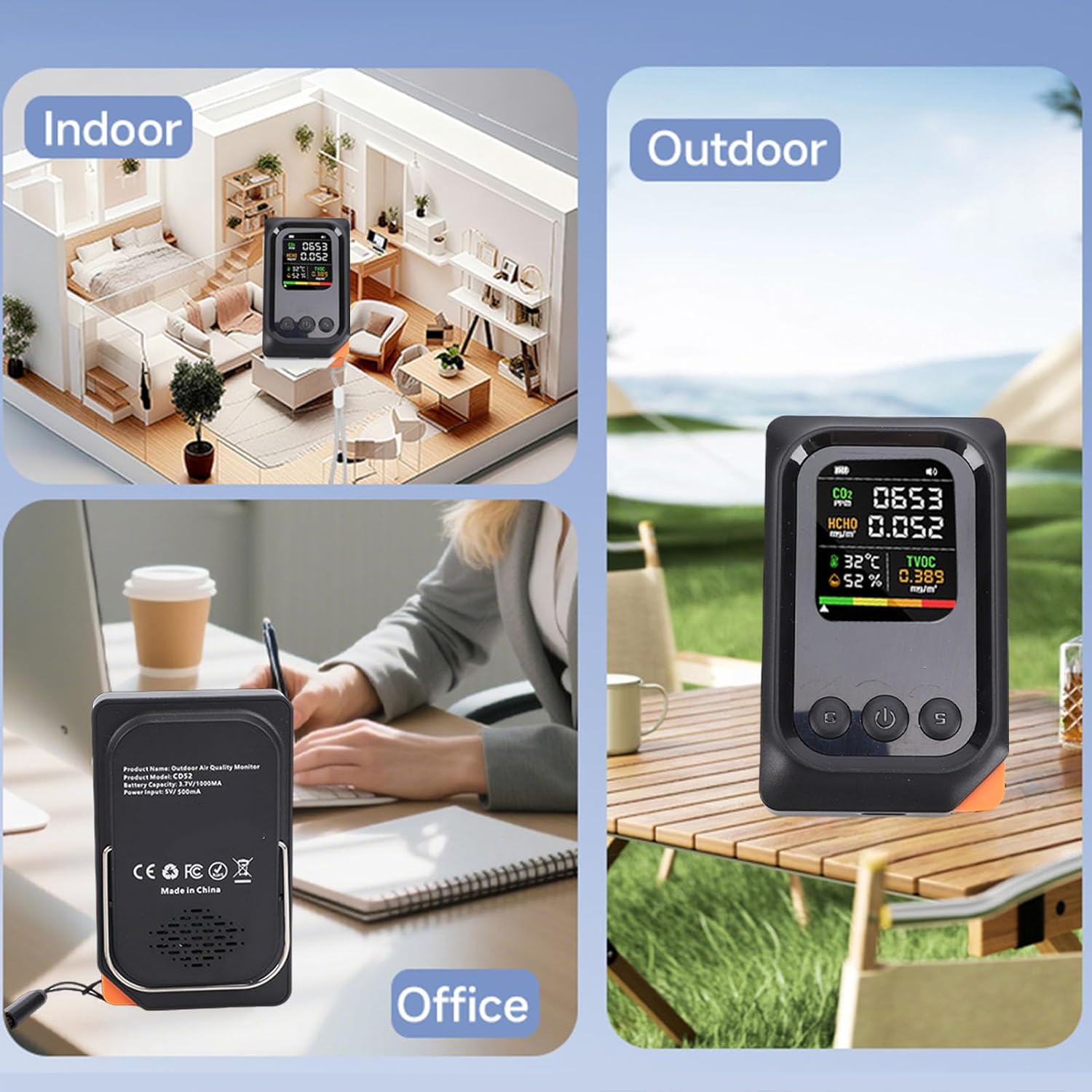 Sxhlseller 5-in-1-Luftqualitätsmonitor, professioneller Luftqualitätsdetektor mit Spracherinnerung, CO2 TVOC HCHO Temp Humid Smart Tester für Zuhause, Hotel – Bild 5