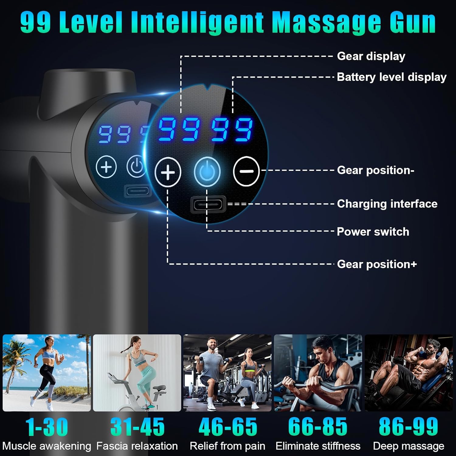 AQXONG Mini-Muskelmassagepistole, tragbares elektrisches Massagegerät mit LCD-Display, 99 Geschwindigkeiten, 8 Massageköpfe, extrem leise Massagepistole, 35 DB, wiederaufladbare Massagepistole – Bild 2