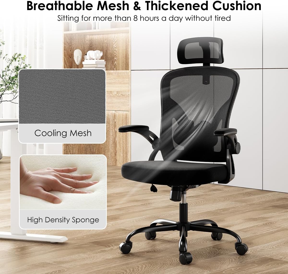 Farini Höhenverstellbarer ergonomischer Stuhl, Schreibtischstuhl, Bürostuhl, bequem mit Kopfstütze, Heimbürostuhl, Computerstühle, Chefsessel mit Armlehne, 150 kg, PC-Stuhl mit Rollen – Bild 7