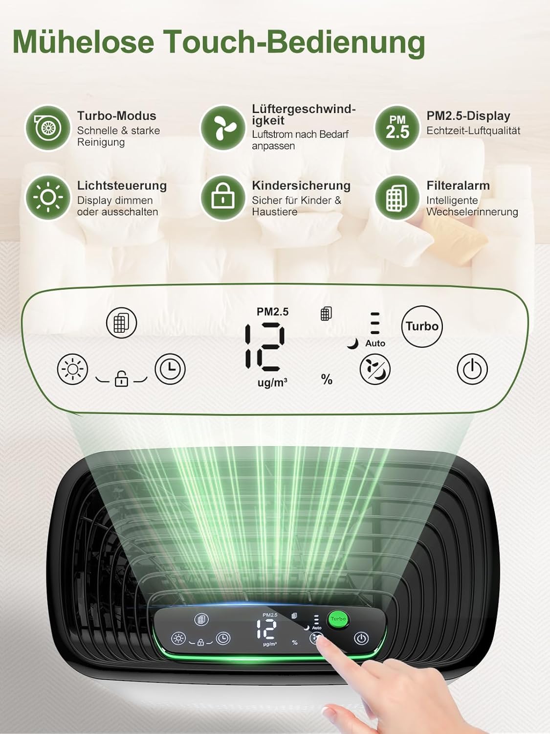 KNKA Luftreiniger, Luftreiniger, HEPA-Filter, CADR 300 m³/h, für Räume bis zu 80 m², entfernt 99,97 % Staub, Pollen und Gerüche, mit intelligentem Sensor, Auto- und Schlafmodus, ideal für Raucher und Haustiere (APH3000) – Bild 7