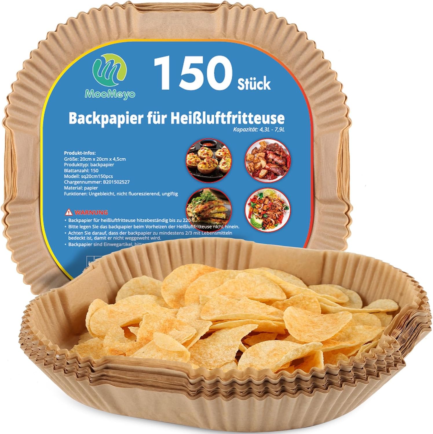 150 Stück Backpapier für Heißluftfritteuse XL XXL, 4,3 l – 7,9 l, Airfryer, Einwegpapier, 20–24 cm, Pergamentpapier-Einlage, Zubehör, kompatibel mit Philips Russell Hobbs Ninja Cosori Airfryer