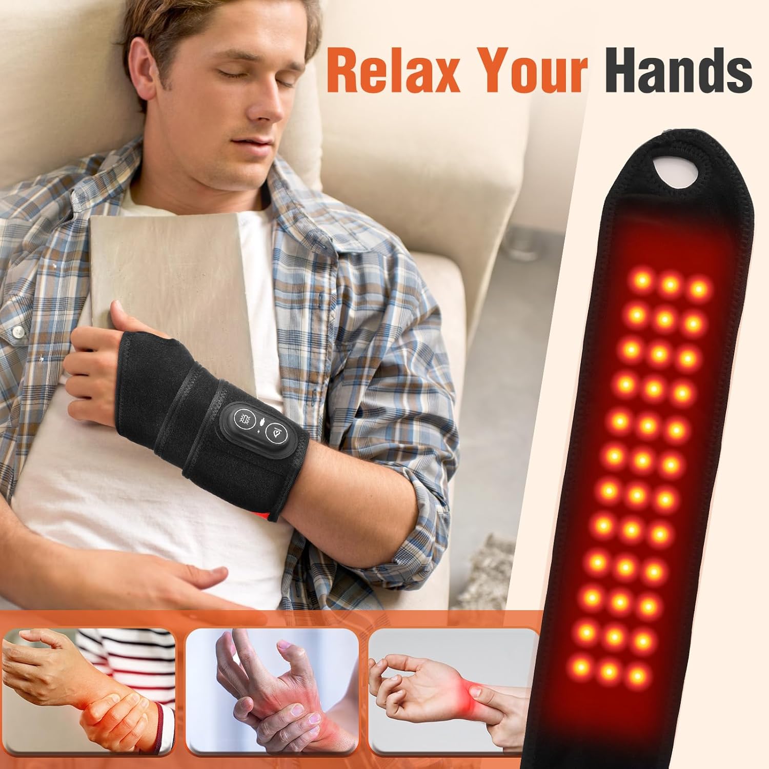 Handmassagegerät-Heizkissen – Rotes Licht, kabelloses Handmassagegerät mit 3 Wärmeeinstellungen und 3 Vibrationen, Handmassagegerät mit 3000-mAh-Akku, elektrisches Handmassagegerät, Geschenk für Vater, Mutter – Schwarz – Bild 3