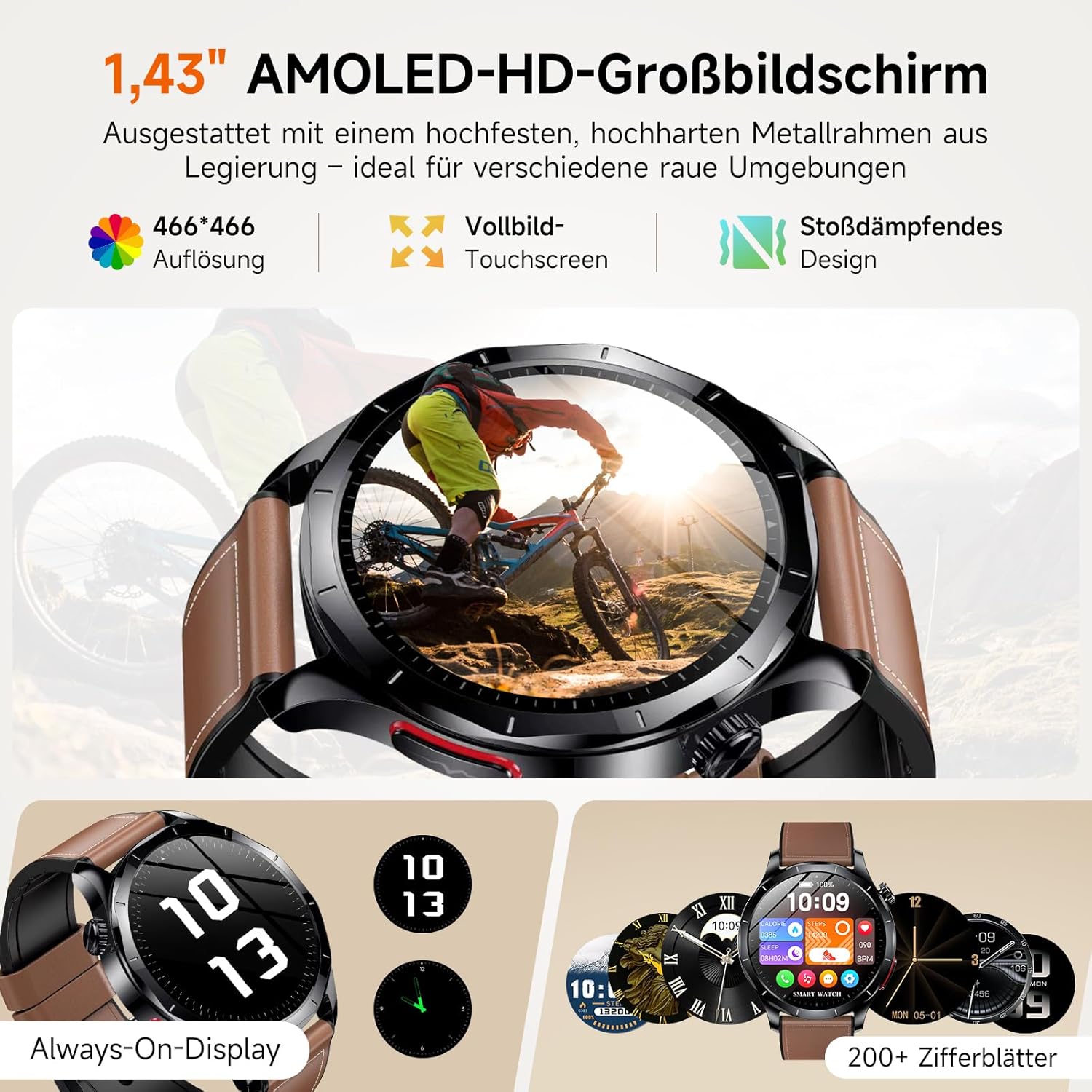 2026 Herren Smartwatch mit EKG/HRV/BMI/Harnsäure, 1,43 Zoll AMOLED Gesundheitsuhr mit 24H SpO2 Apnoe Schlafmonitor SOS Notruf Fitnessuhr Android/iOS (Braunes Leder) – Bild 4