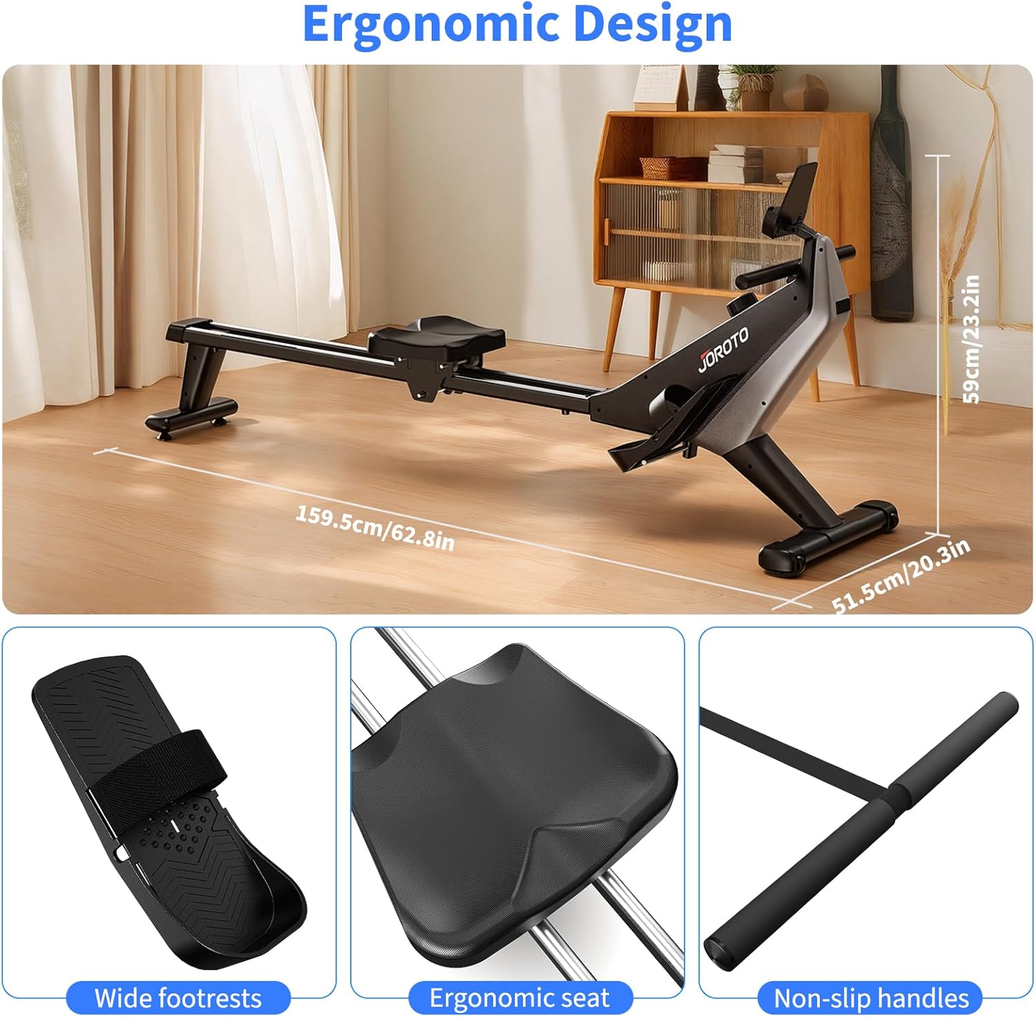 JOROTO Heimrudergerät – Leises magnetisches Rudergerät mit exklusiver App | 16 Widerstandsstufen | Dual-Rail-Design | Bis 150kg | Ideal für Heimtraining (Schwarz) – Bild 7