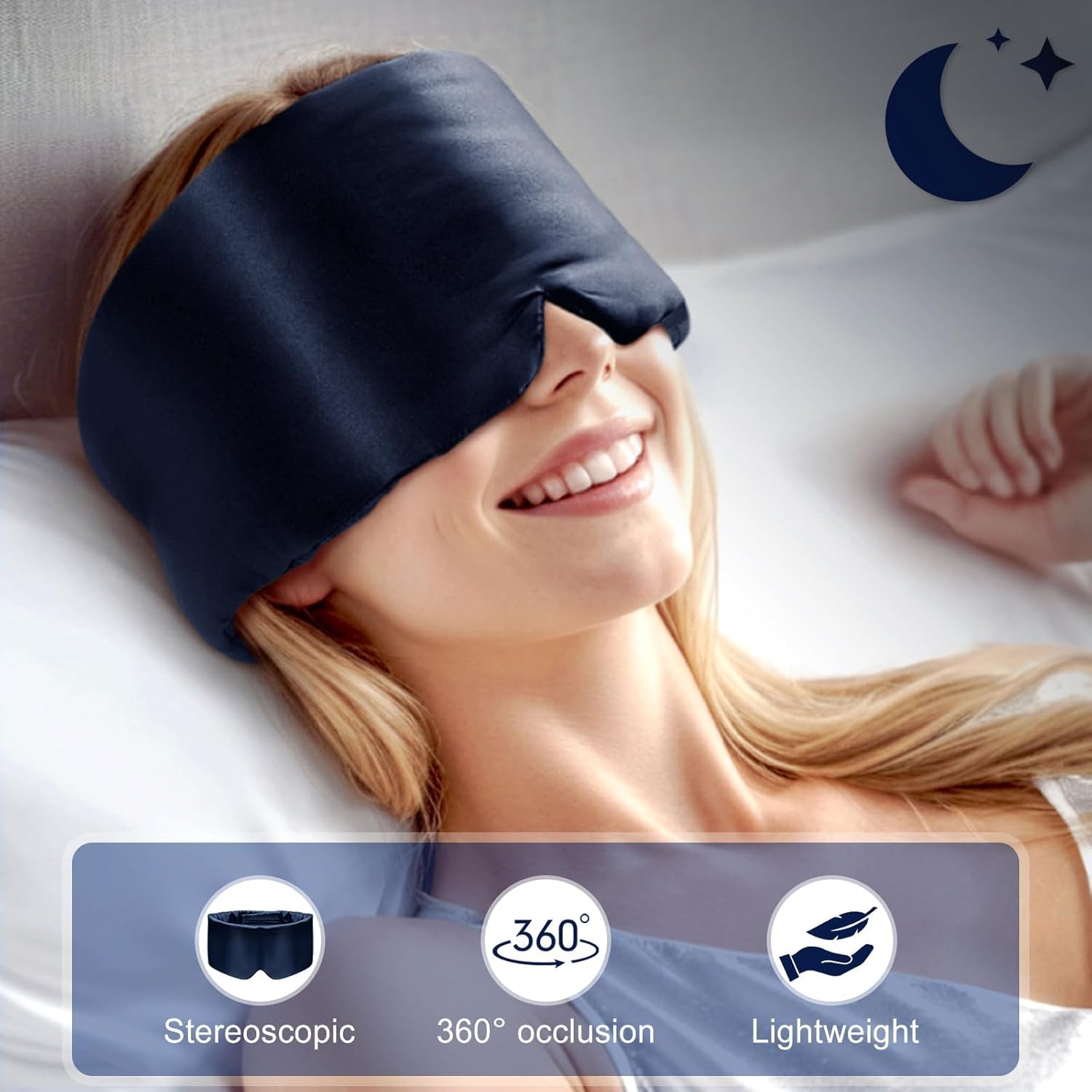 Quelle Schlafmaske, Seiden-Augenmaske mit verstellbarem Riemen, ultraweich und bequem zum Schlafen, Reisen, Entspannen, Yoga, Meditation (Marineblau) – Bild 3
