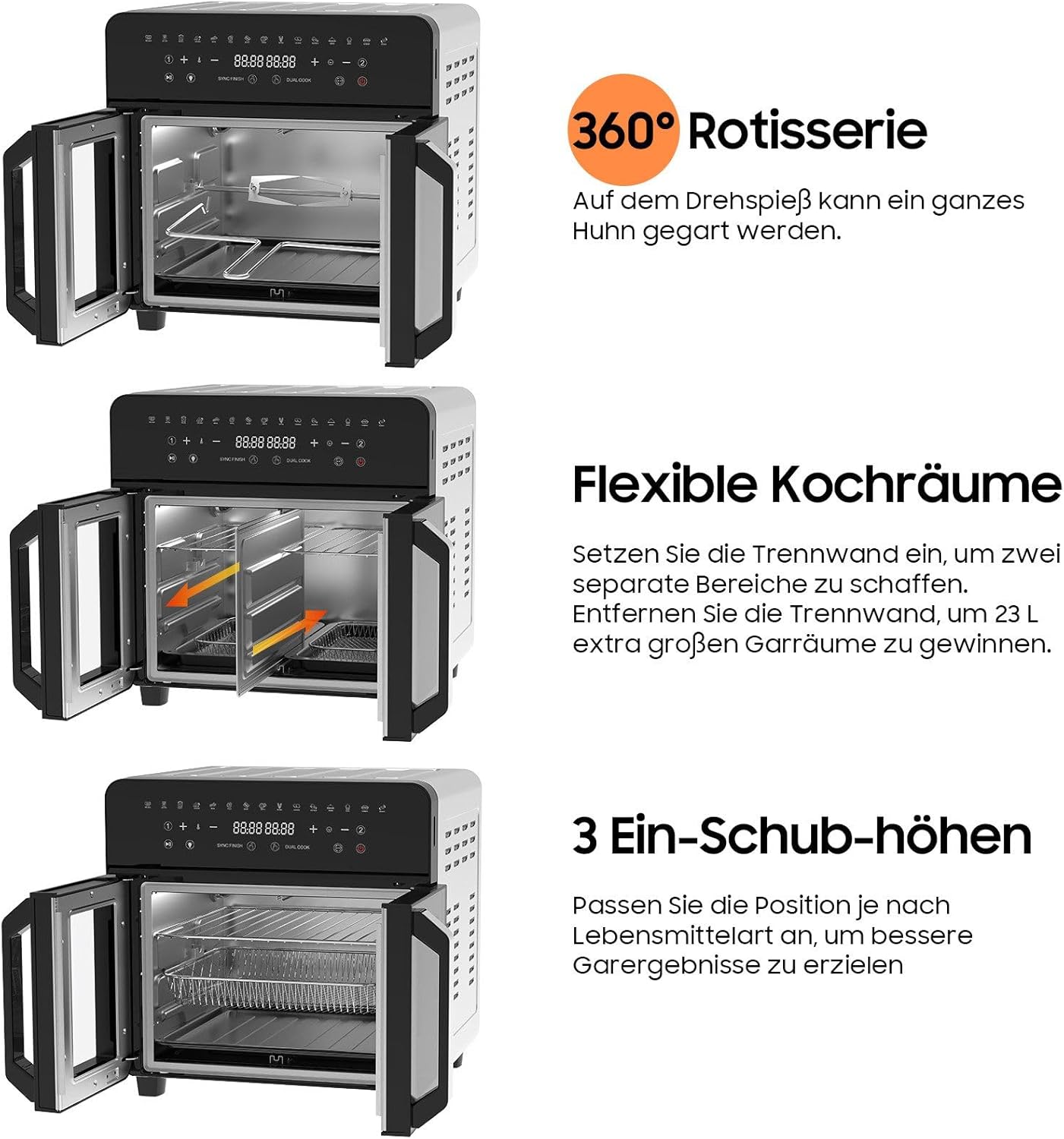 Heißluftfritteuse 23L Dual Zone – XXL Airfryer mit französischer Tür, Heißluftfritteuse mit Doppelkammer, 15 Programme, 2200 W, 12 Zubehörteile, herausnehmbare Trennwand für den Garraum, 50–200 °C – Bild 6