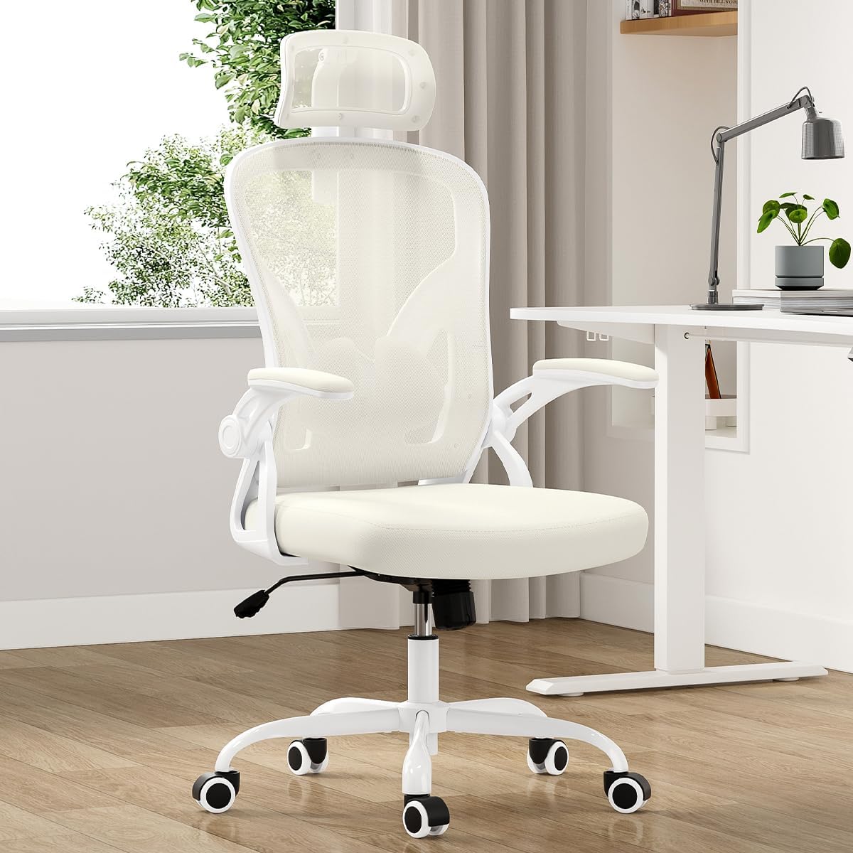 Farini Ergonomischer Stuhl mit Armlehne, Büro-Schreibtischstuhl mit Rollen, bequemer Home-Office-Stuhl, Weiß – Bild 2
