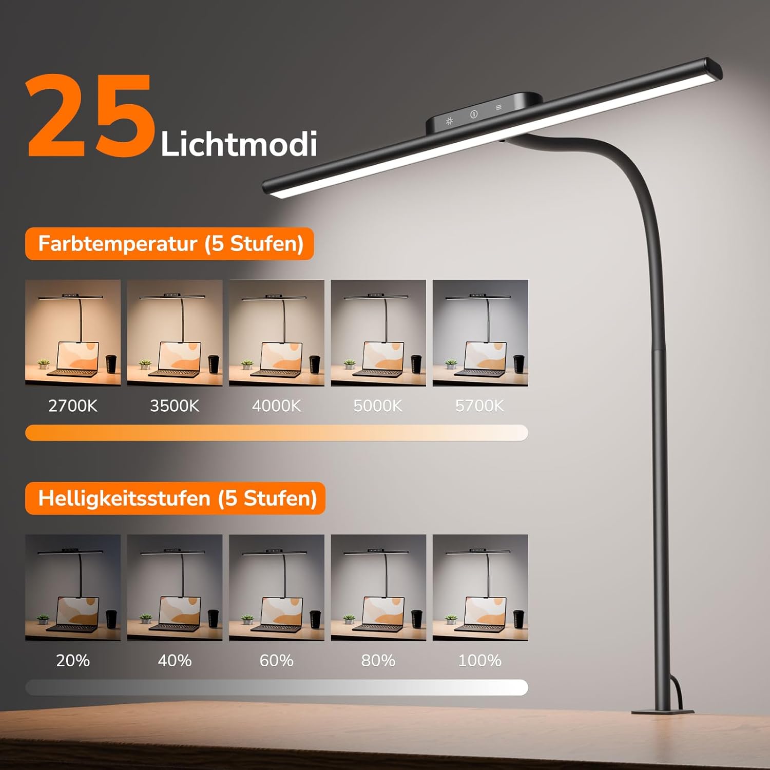 Lepro 11W Schreibtischlampe LED Klemmbare, augenfreundliche und dimmbare Schreibtischlampe, 5 Farbtemperaturen und 5 Helligkeitsstufen, mit flexiblem Schwanenhals, für Home Office und Büro, Schwarz – Bild 2