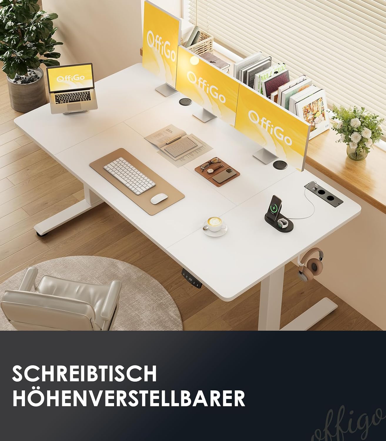 OffiGo höhenverstellbarer Schreibtisch, 160 x 80 cm, elektrischer Schreibtisch mit Steckdosen und USB-Ladeanschluss, Tisch höhenverstellbar mit 2 Memory-Funktionen, Computertisch für Büro, Zuhause, weiß – Bild 8