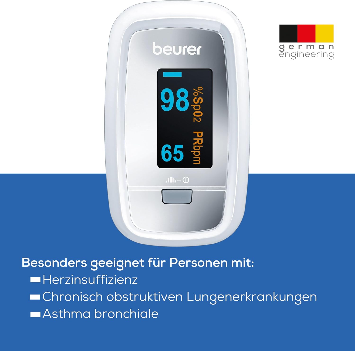 Beurer PO 30 Pulsoximeter, Messung der Sauerstoffsättigung (SpO₂) und Herzfrequenz (Puls), Fingeroximeter mit Farbdisplay, schmerzfreie Anwendung am Finger, 6,1 x 3,6 x 3,2 cm, Weiß – Bild 3