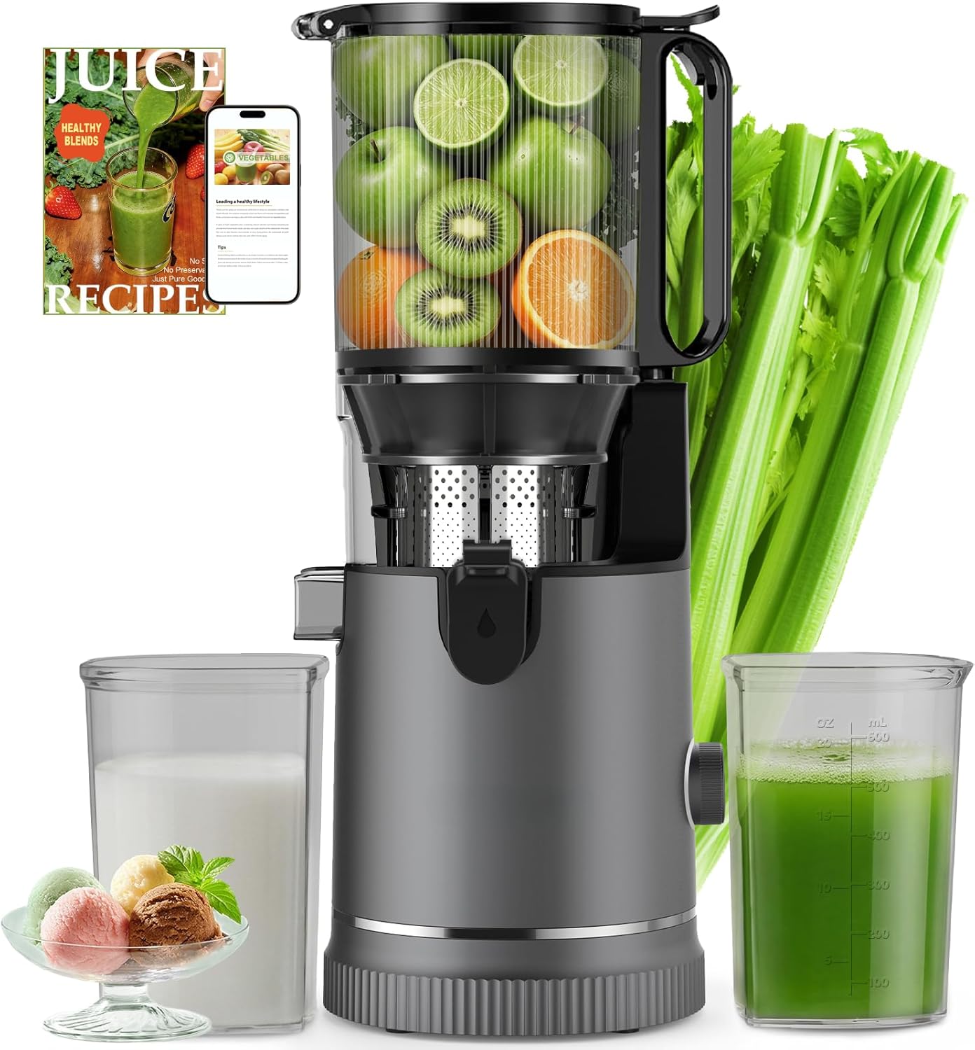 Slow Juicer 400 W, 152 mm extra großer Einfüllschacht für ganze Früchte und Gemüse, hohe Saftausbeute, 3-in-1-Sieb (Saft, Sorbet, Nussmilch), BPA-frei, spülmaschinenfest, 1,8 l