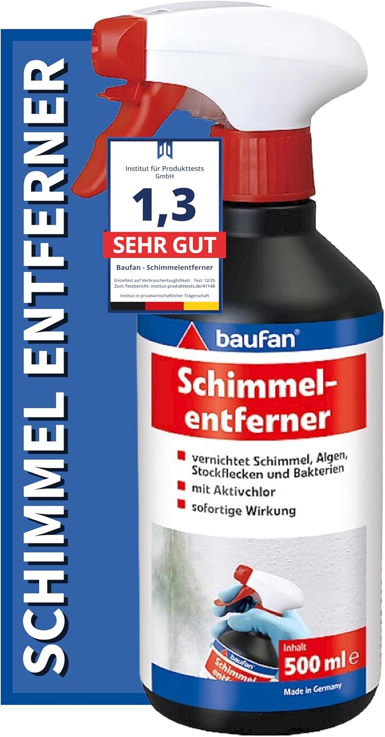 Baufan Schimmelentferner – 500 ml – Schimmelspray mit Aktivchlor für Schimmel und Algen, Silikon- und Fliesenfugen – Anti-Schimmel-Spray Chlorreiniger