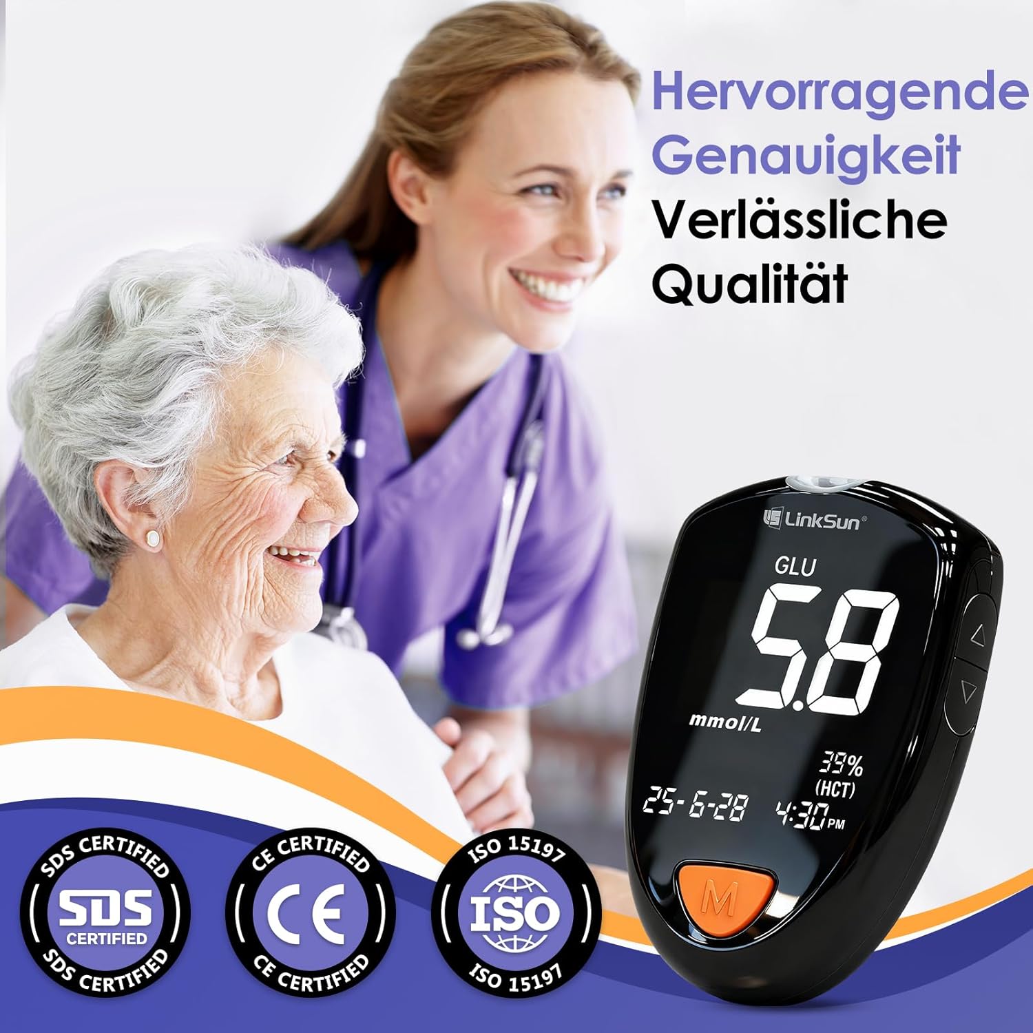 Blutzuckermessgerät & Ketonmessgerät-Set 2-in-1, M26-K Blutzuckermessgerät-Set mit 25 Blutzucker-Teststreifen, 10 Keton-Teststreifen, 35 Sicherheitslanzetten, Kontrolllösung, ohne Codierung – Bild 2