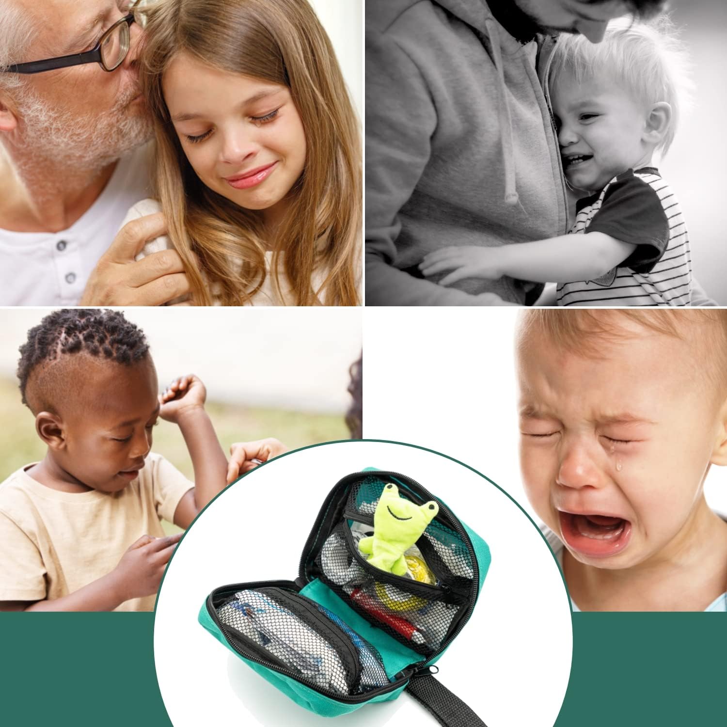 FLEXEO Kinder-Erste-Hilfe-Set, Reiseapotheke gefüllt mit 47 Inhalten, Schere, Erste-Hilfe-Tasche Baby für unterwegs, Notfallset mit Fingerpuppe und Tapferkeitsaufklebern, Notfalltasche – Bild 7