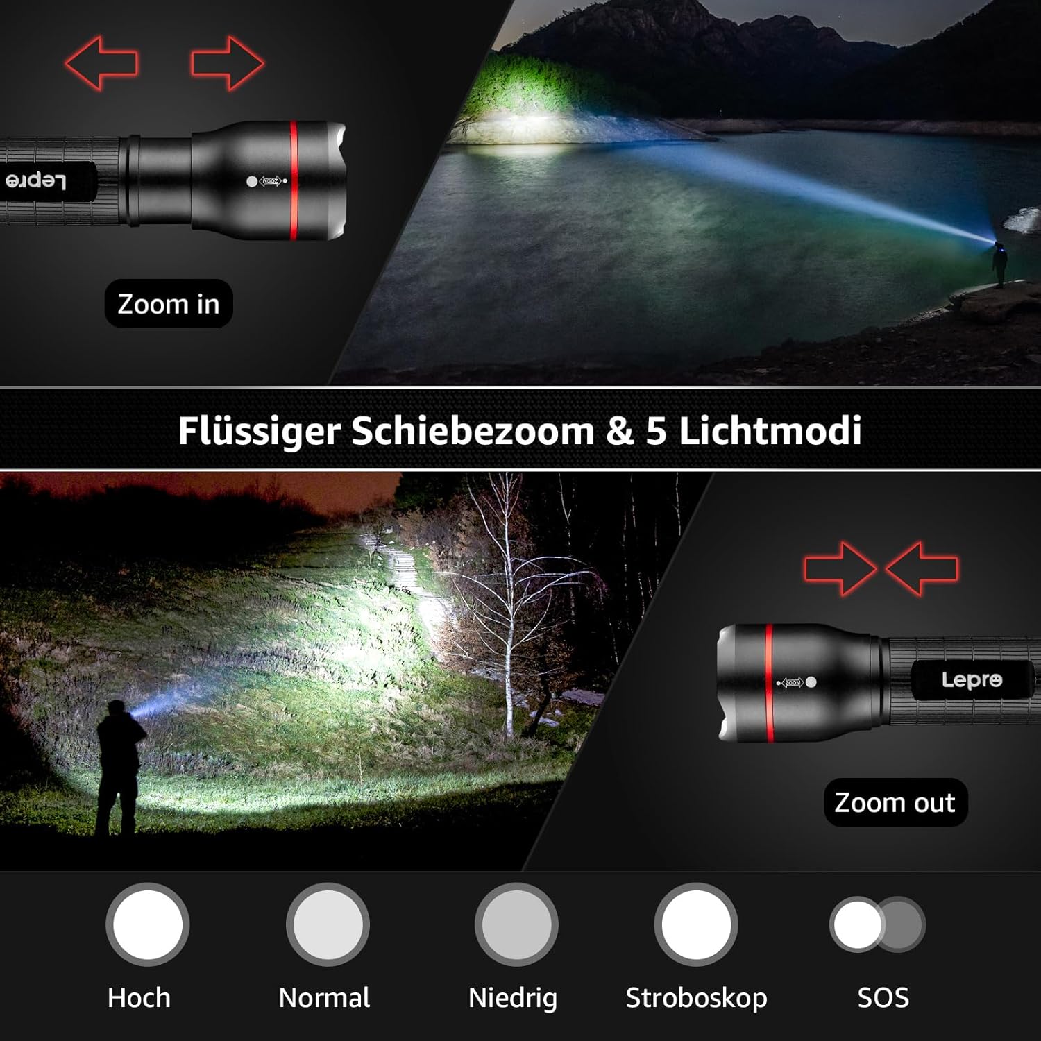Lepro LED-Taschenlampe, LE2050, extrem hell mit Clip, zoombare Taschenlampe mit 5 Modi, wasserdichte Taschenlampe für Camping, Outdoor, Wandern, Angeln, Geschenk, 2 Stück – Bild 6