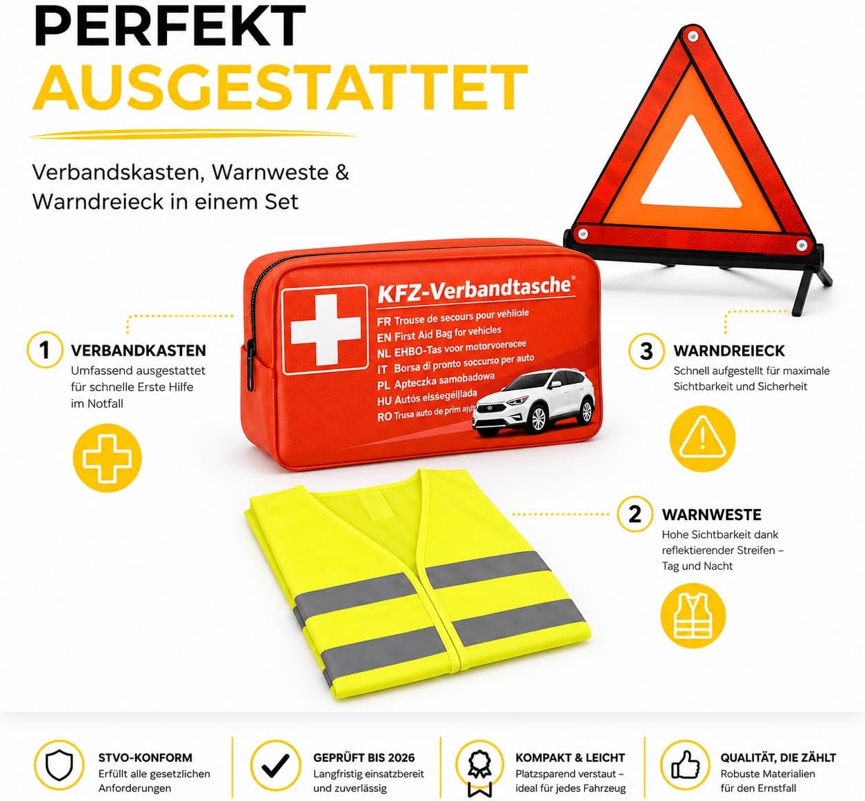 3-in-1-Set Auto-Pannenset geprüft 2026 & Autozubehör – Kfz-Verbandkasten mit Verbandskasten & Warnweste & Warndreieck für die StVO – Bild 5