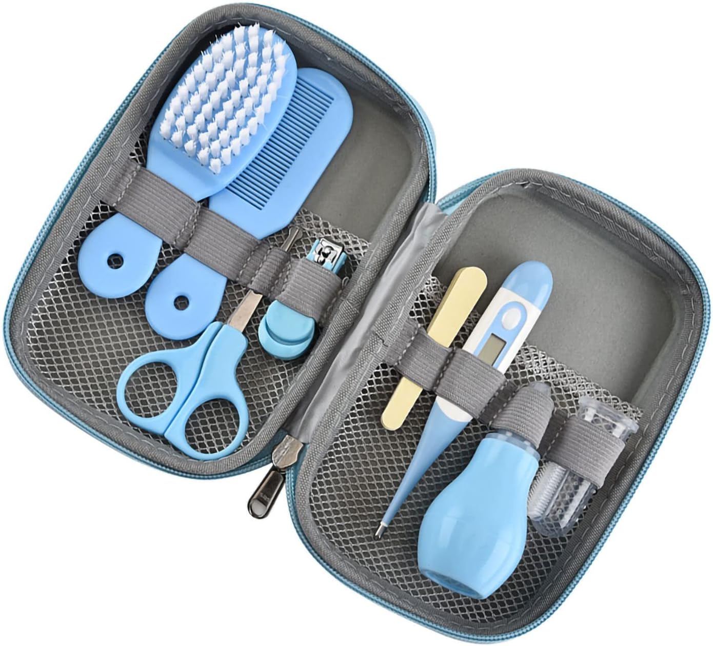 8-in-1 Baby-Pflegeset mit Haarbürste, Nagelknipser, Nasenreiniger, Fingerzahnbürste, Schere für Babypflege, gesund und sauber, Neugeborenenpflege, gesund und sauber, Gelb (Blau) – Bild 4