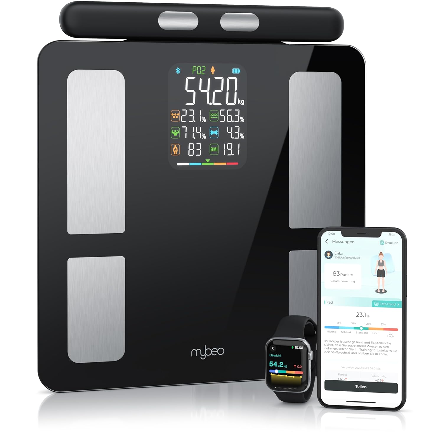 Mybeo Körperfettwaage mit Handsensoren mit App, digitale Bluetooth-Körperwaage, Personenwaage, Multifunktionswaage, digitaler Display-Griff für präzise Ergebnisse mit Körperfettanalyse