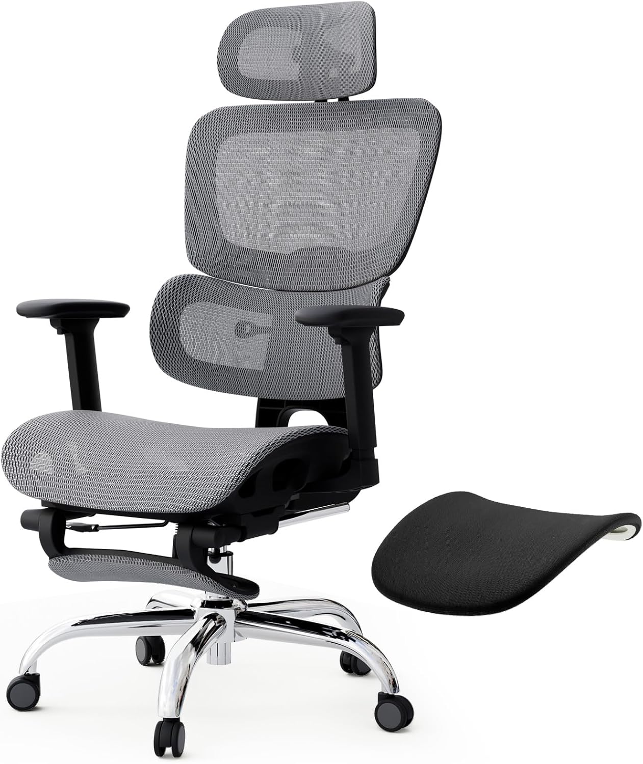 Ergonomischer Bürostuhl aus Vollnetz mit abnehmbarem Kissen, Fußstütze, höhenverstellbarer Rückenlehne, Kopfstütze und Armlehnen, selbsteinstellender Lordosenstütze, PU-Rädern, 360° drehbar, 150 kg, Dunkelgrau