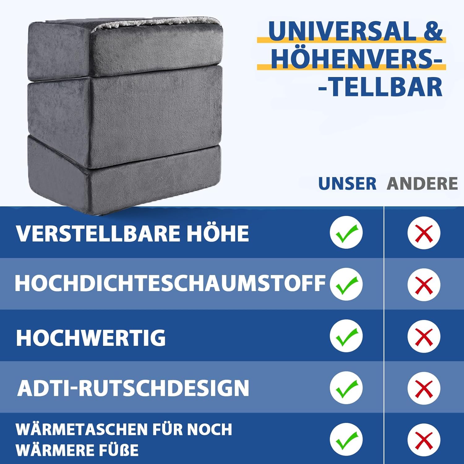 Fußstütze für unter dem Schreibtisch im Büro, höhenverstellbarer Fußhocker für Bürostuhl & Gaming-Stuhl, ergonomisches Fußkissen, Schreibtisch-Fußhocker mit waschbarem Bezug für Zuhause (grau) – Bild 5