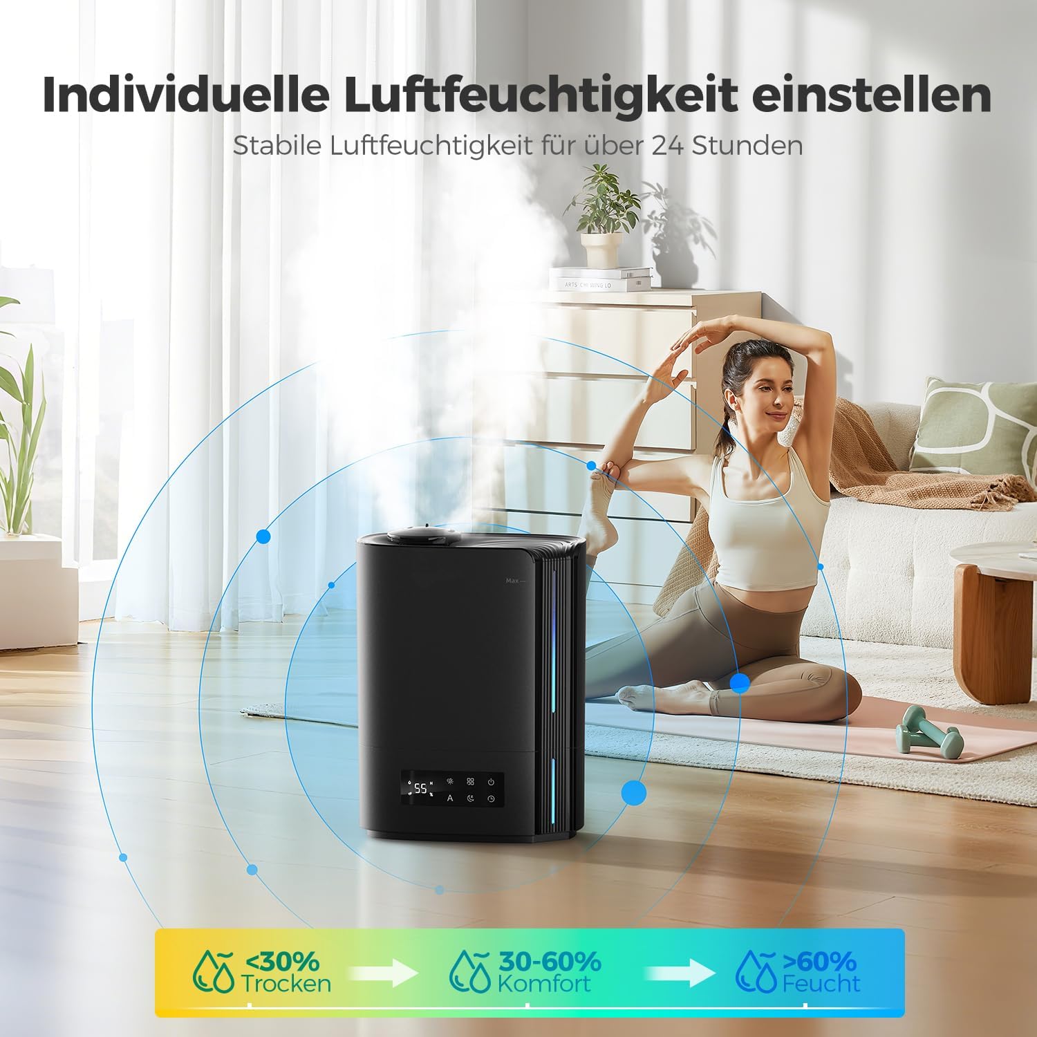 AROEVE 6L Luftbefeuchter Schlafzimmer, Aromadiffusor, Ultraschall-Top-Fill-Luftbefeuchter für Baby-Kinderzimmerpflanzen, 60 Stunden leiser Raumbefeuchter, intelligente Luftfeuchtigkeitskontrolle, Schwarz – Bild 4