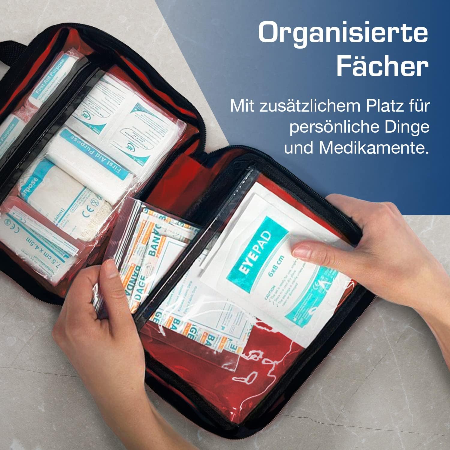 Premium-Erste-Hilfe-Set mit Sofort-Kühlakkus, Augenspülung, Rettungsdecke für Zuhause, Büro oder Auto, Rot – Bild 7