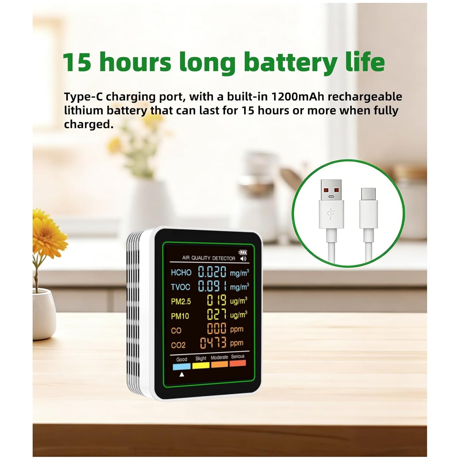 Cuifati 6-in-1 professioneller Raumluftqualitätsmonitor, tragbarer CO2-Monitor für den Innenbereich, HCHO, CO-Monitor, TVOC, PM2,5, PM10, Monitor für saubere Luft in geschlossenen Räumen – Bild 6